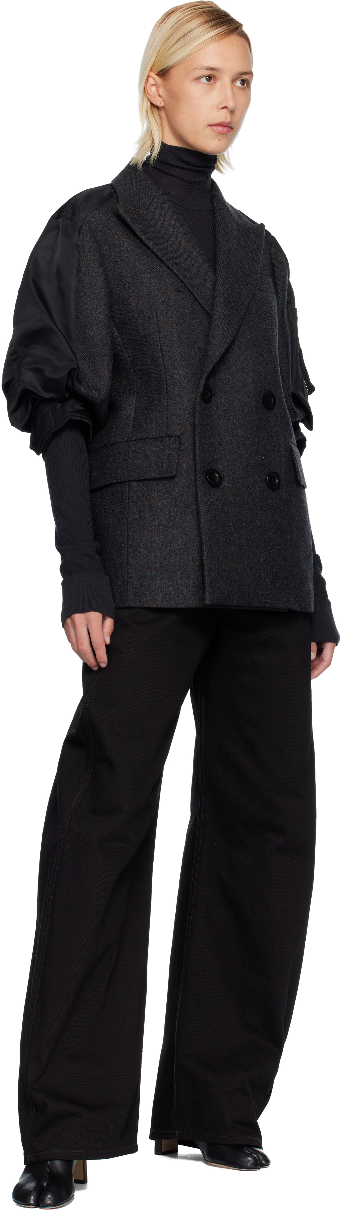 Sacai Gray & Black Double-faced Plaid Blazer In Gray