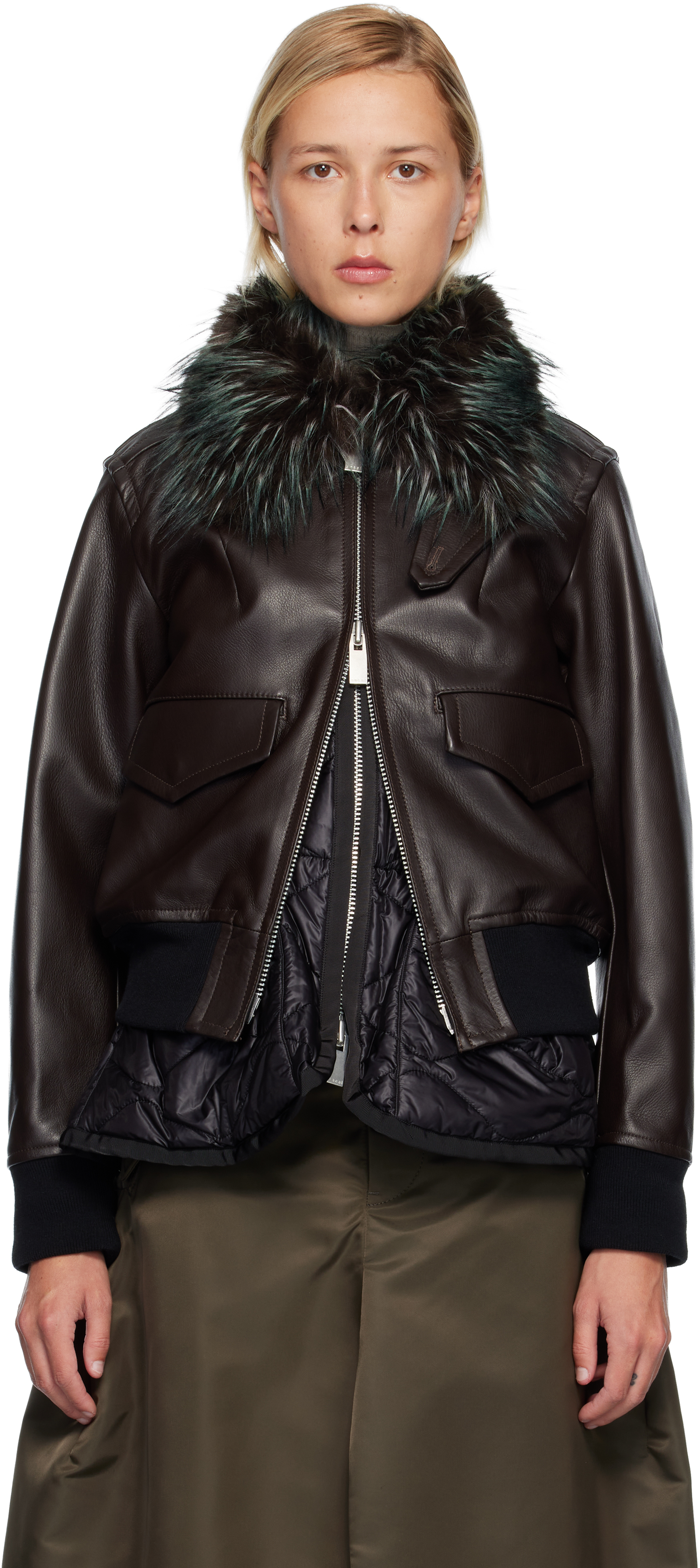 sacai: Brown Leather Blouson Jacket | SSENSE