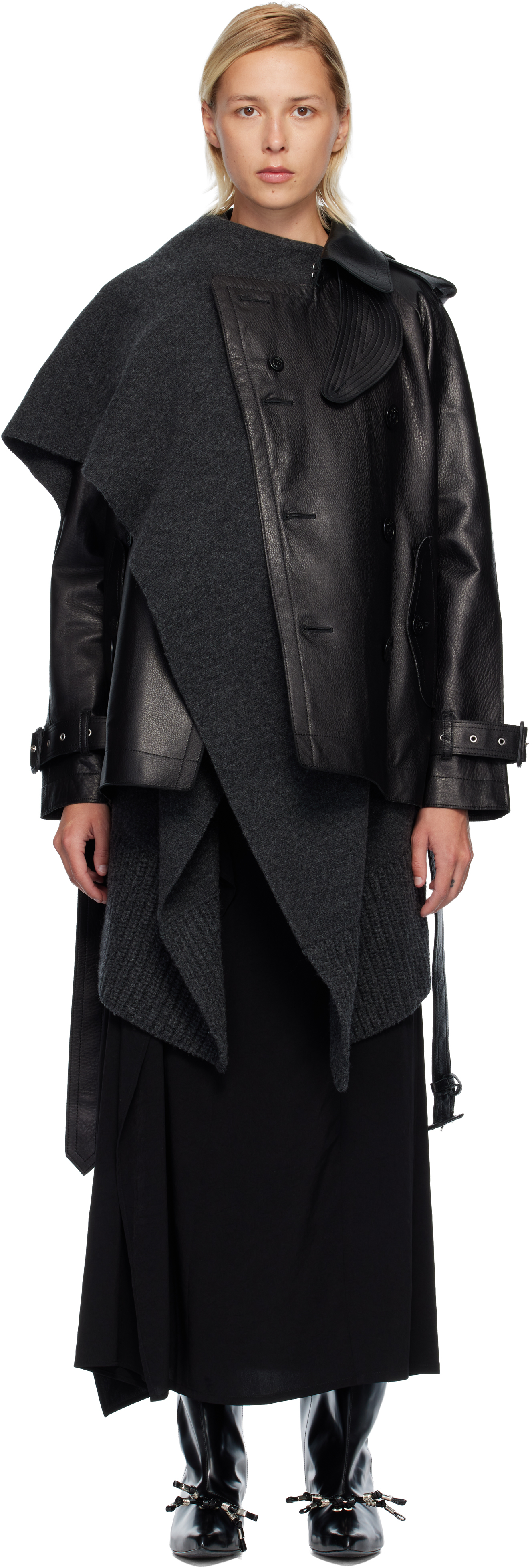 Sacai Black Leather & Wool Knit Jacket Set In Black