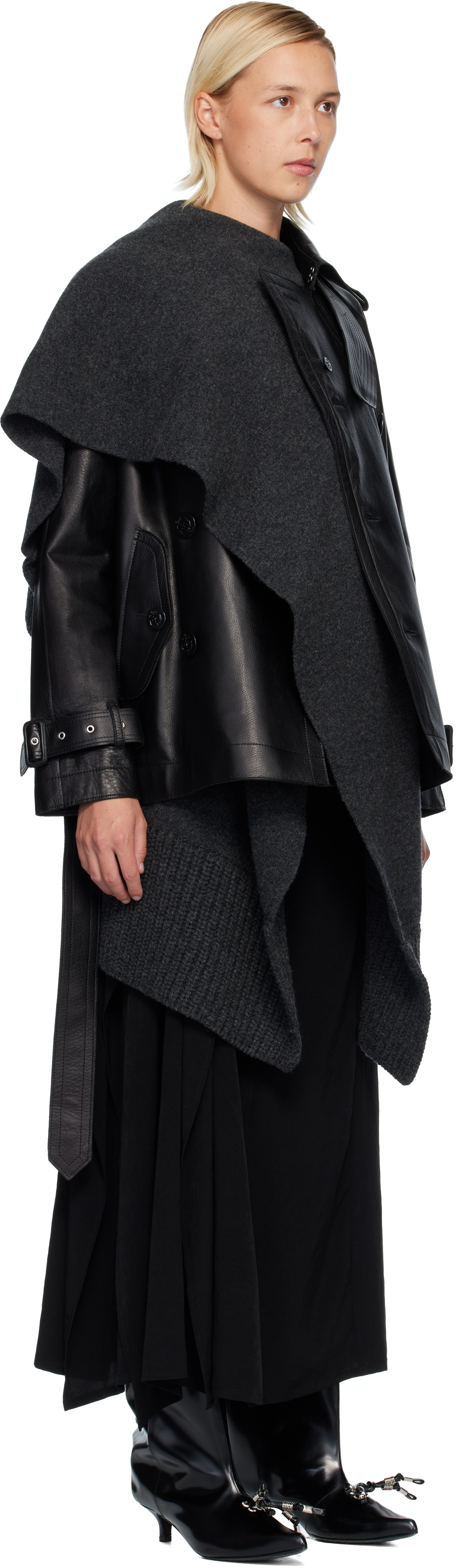 Sacai Black Leather & Wool Knit Jacket Set In Black