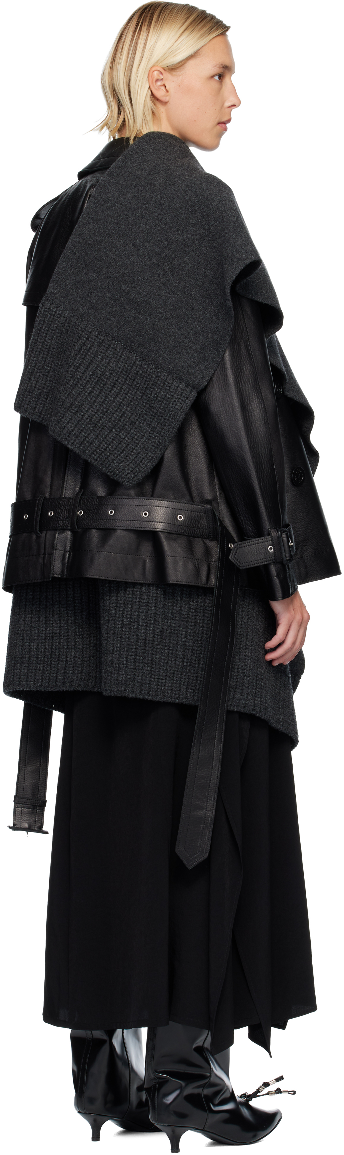Sacai Black Leather & Wool Knit Jacket Set In Black