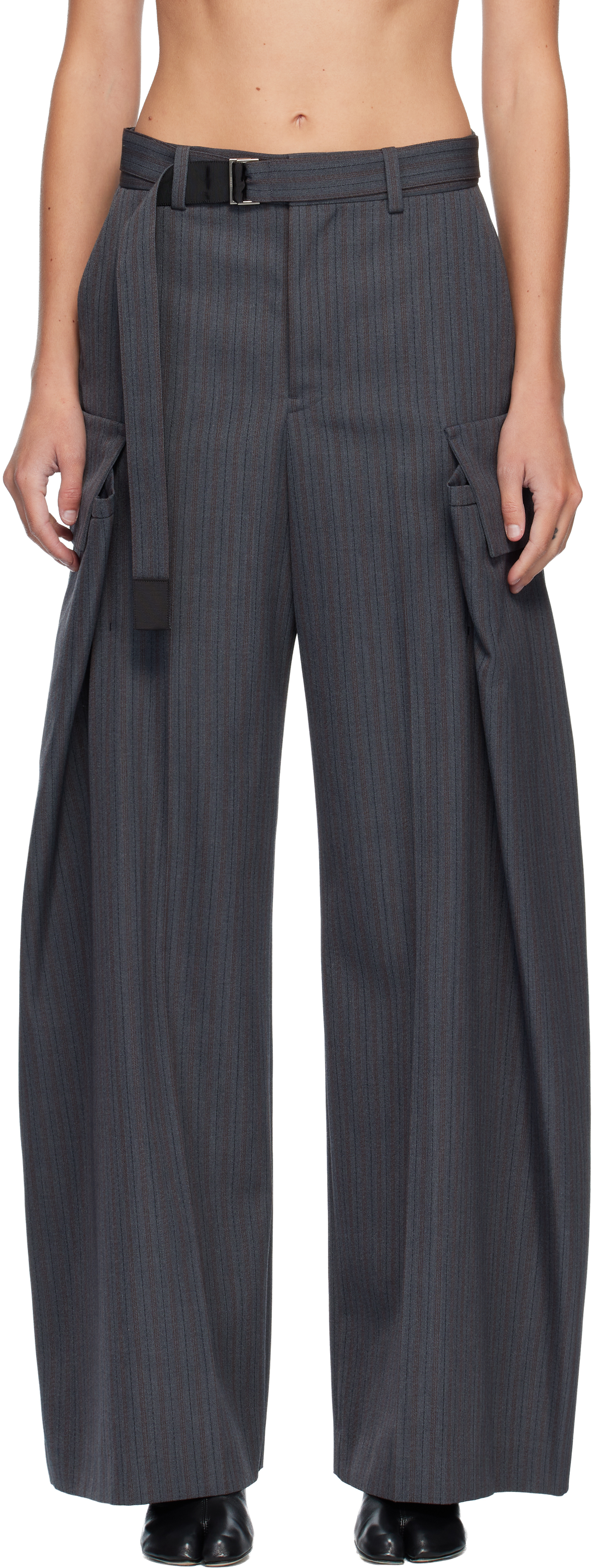 sacai doeskin Pants JamesDeanストライプイカパンツ sacai: Gray Stripe Doeskin Trousers | SSENSE