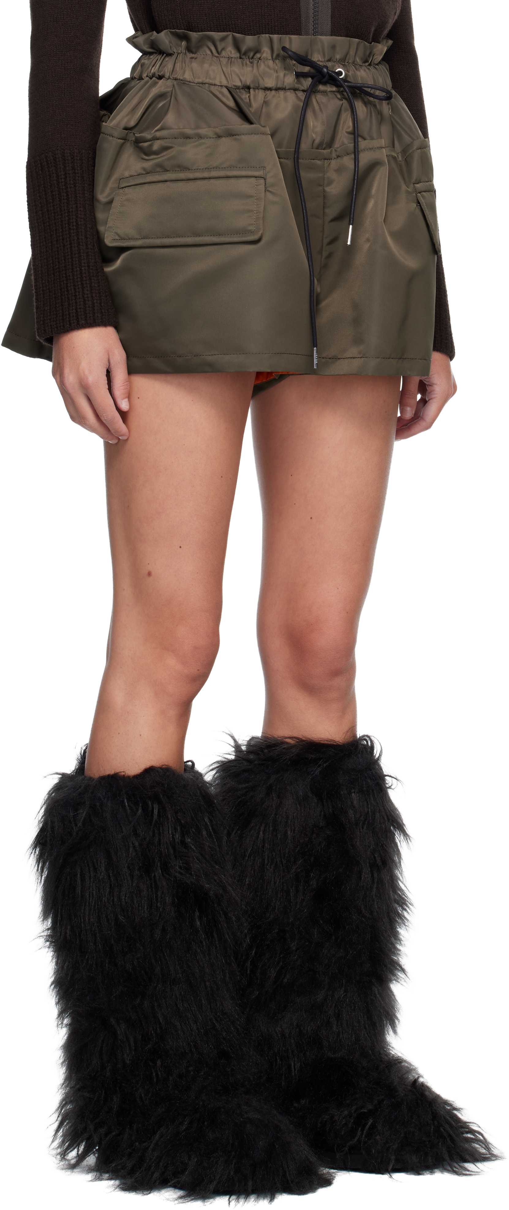 Sacai Khaki Nylon Twill Shorts In Brown