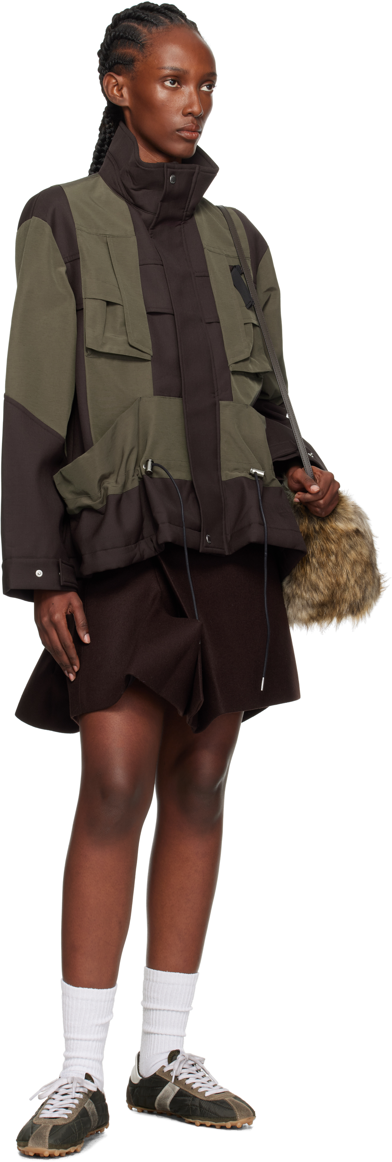 Sacai Brown Wool Melton Miniskirt In Brown