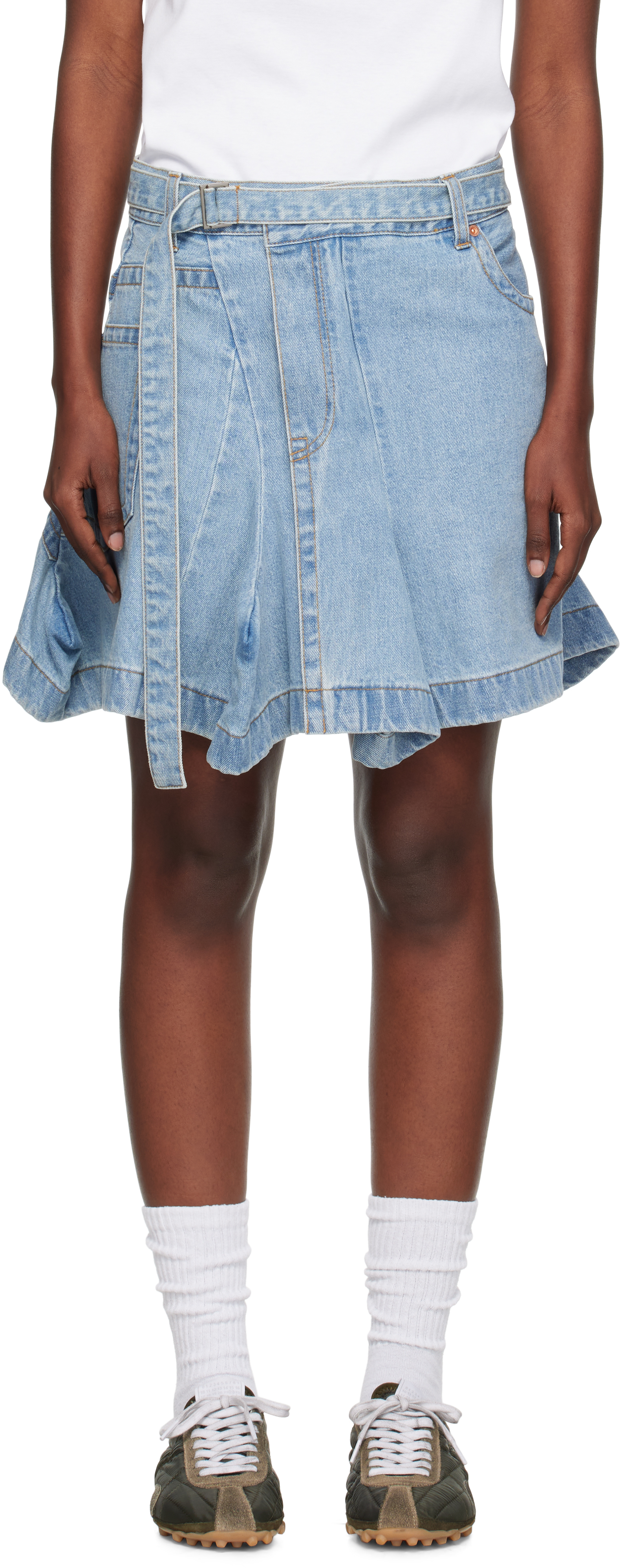 Sacai Blue Asymmetrical Denim Miniskirt In Blue