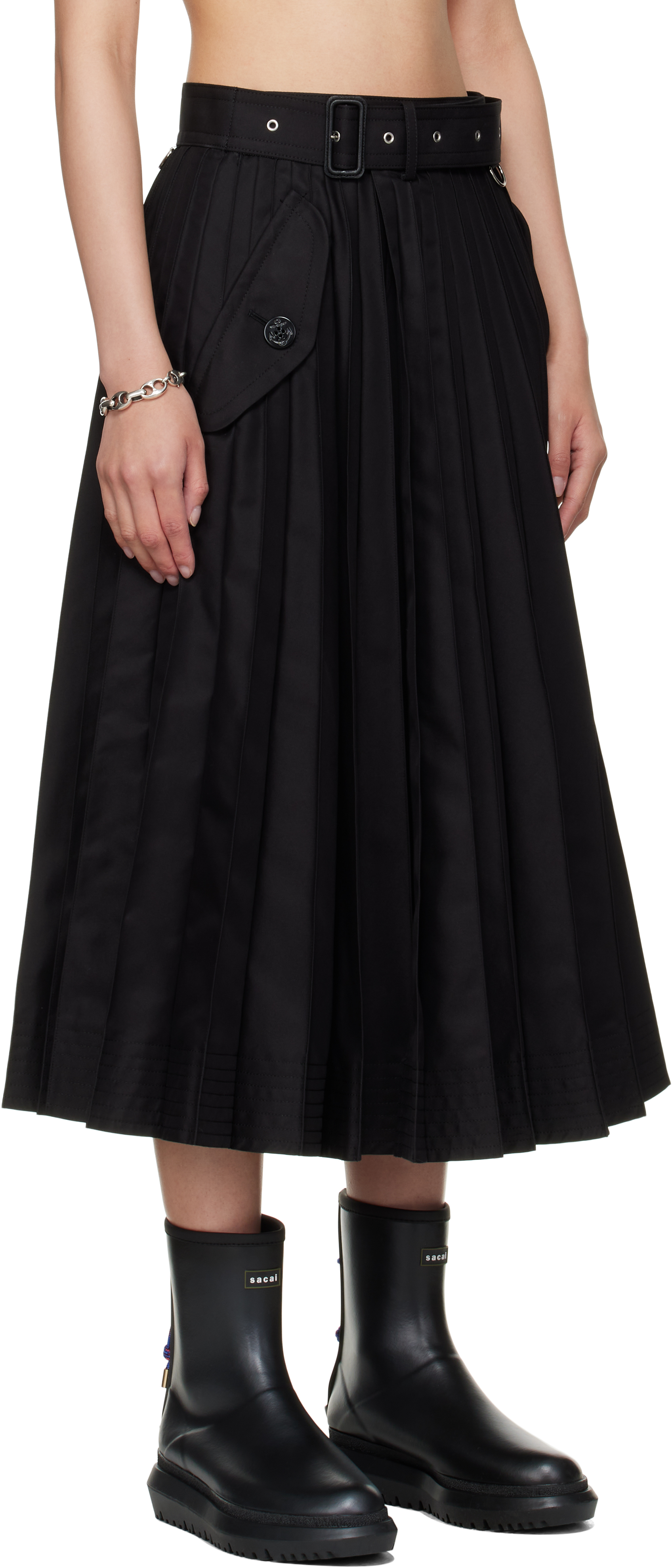 Sacai Black Cotton Gabardine Midi Skirt In Black