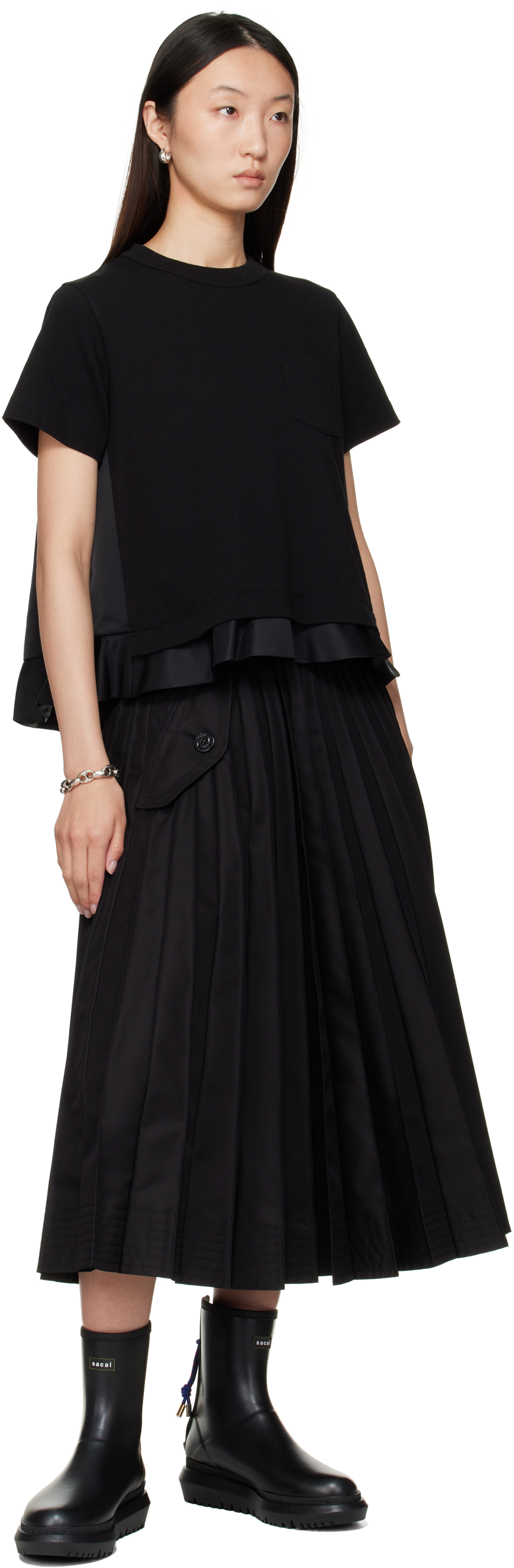 Sacai Black Cotton Gabardine Midi Skirt In Black