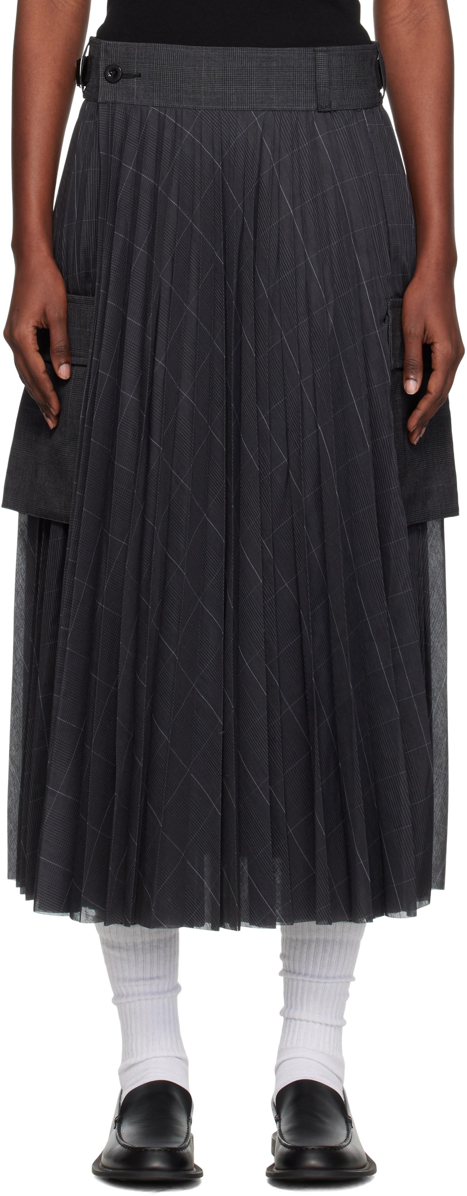 sacai: Gray Glen Check Midi Skirt | SSENSE