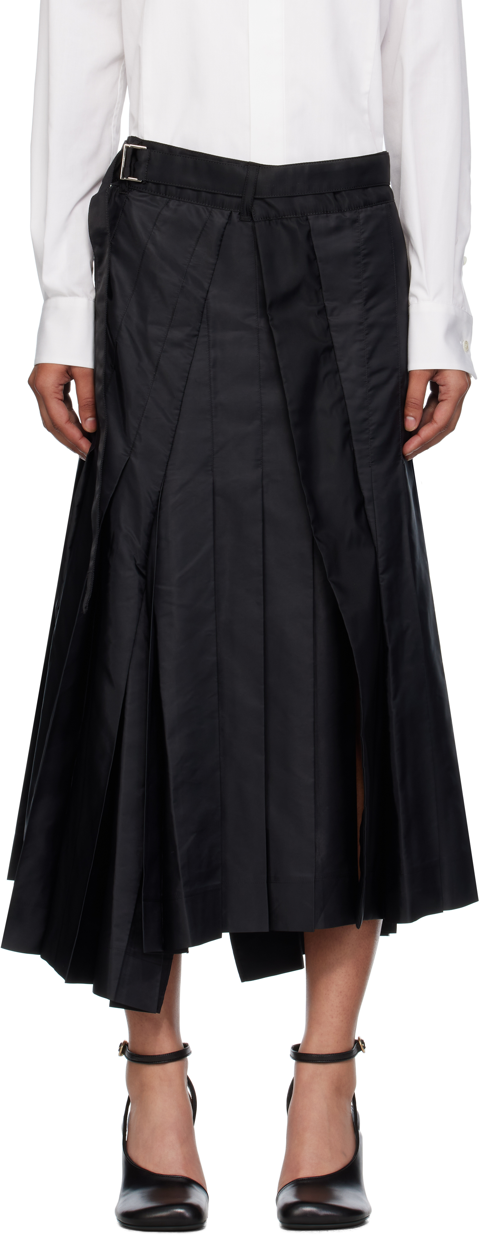 Black Nylon Twill Mix Midi Skirt