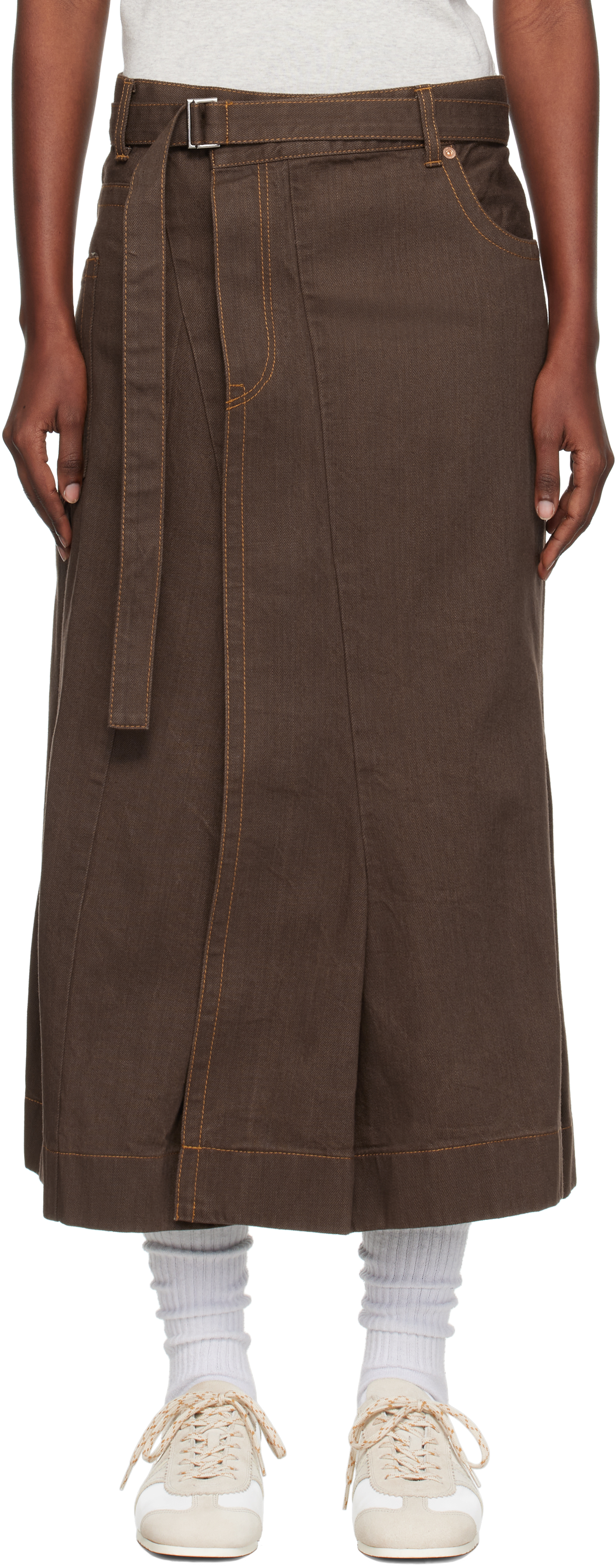 Sacai Brown Asymmetrical Denim Midi Skirt In Brown