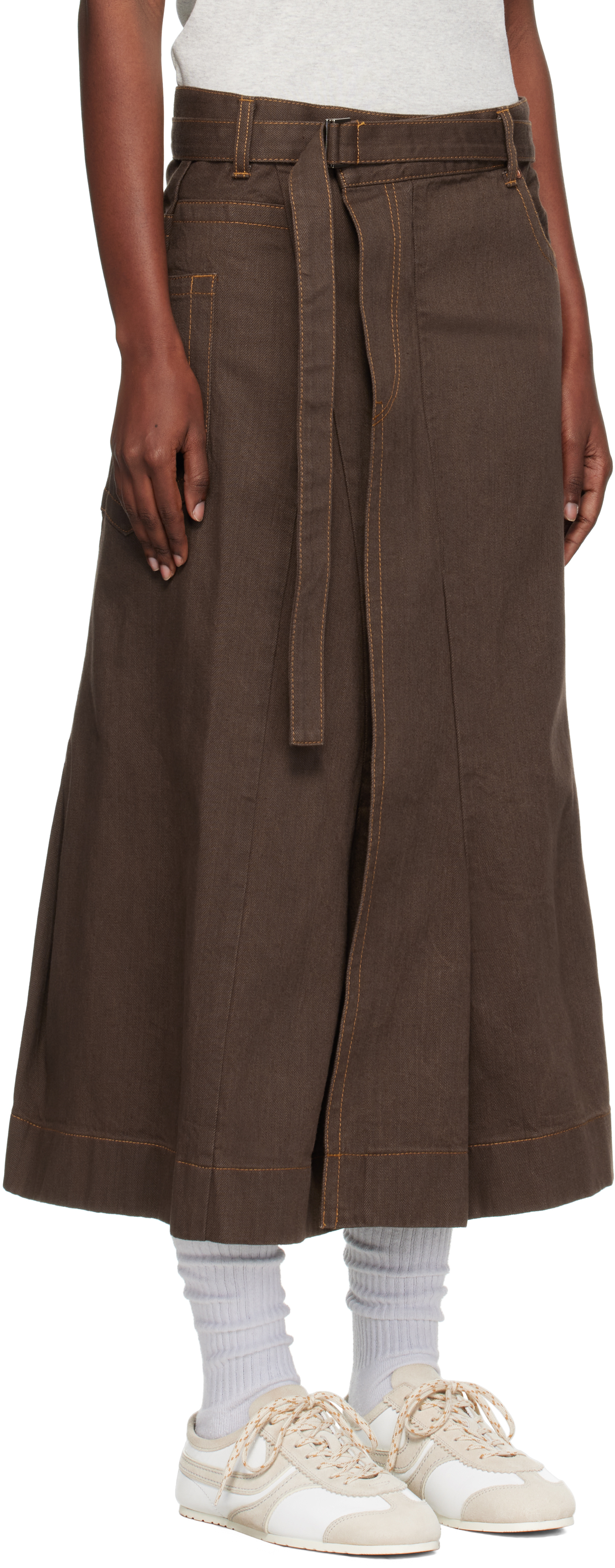 Sacai Brown Asymmetrical Denim Midi Skirt In Brown