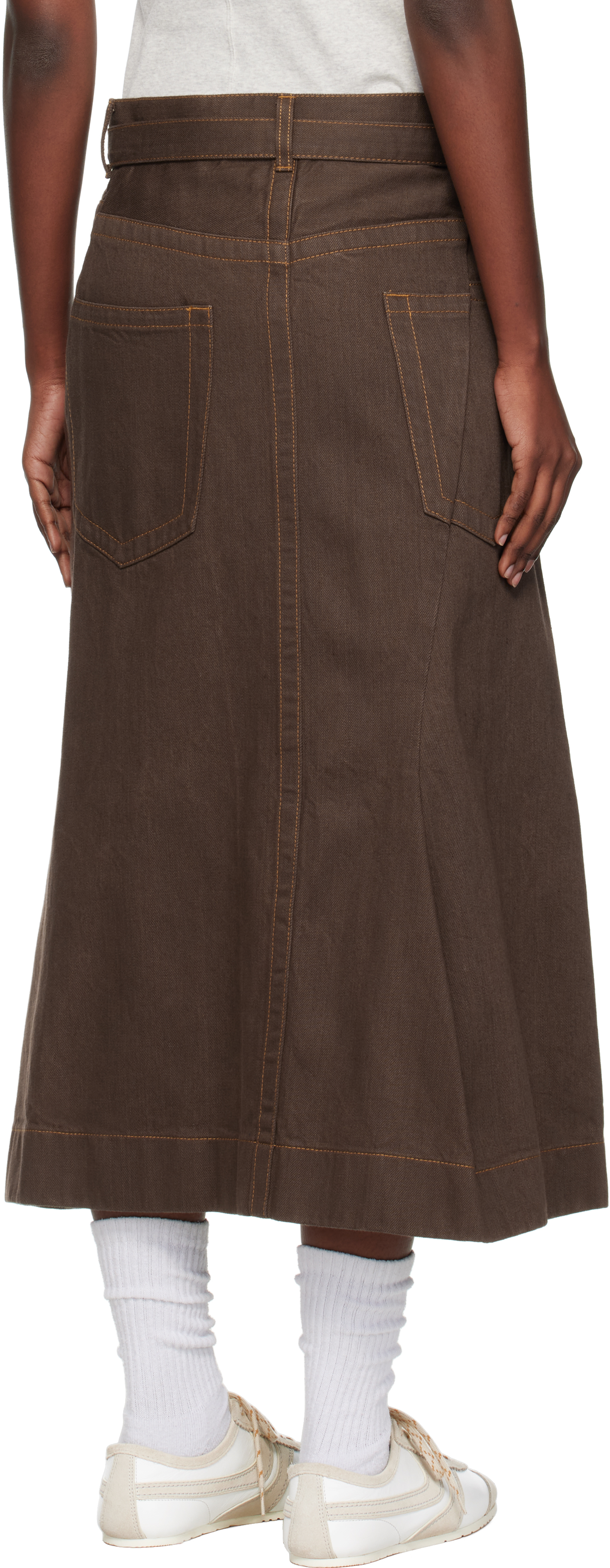 Sacai Brown Asymmetrical Denim Midi Skirt In Brown