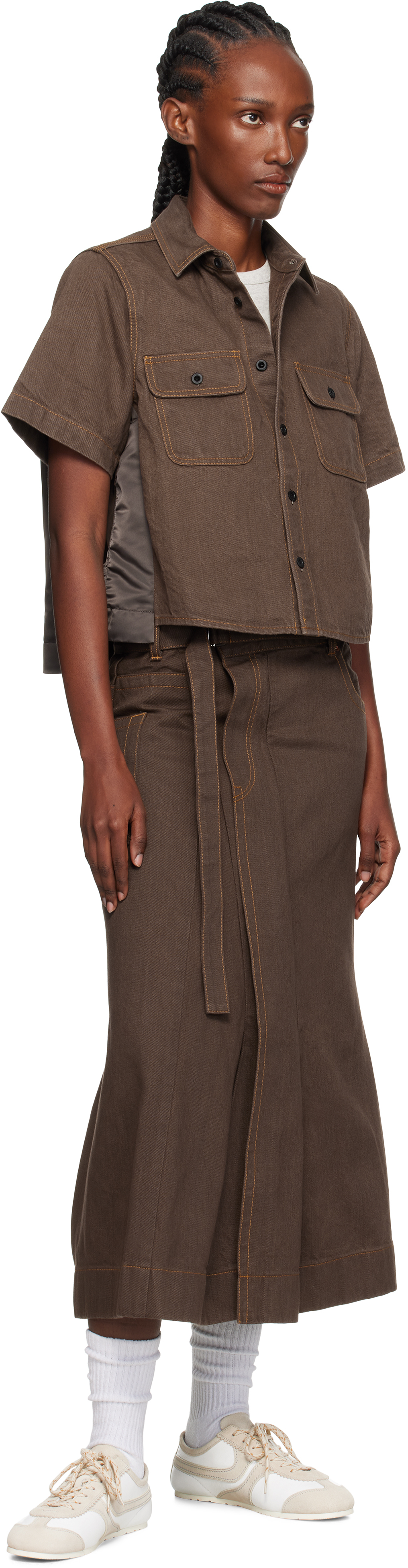 Sacai Brown Asymmetrical Denim Midi Skirt In Brown