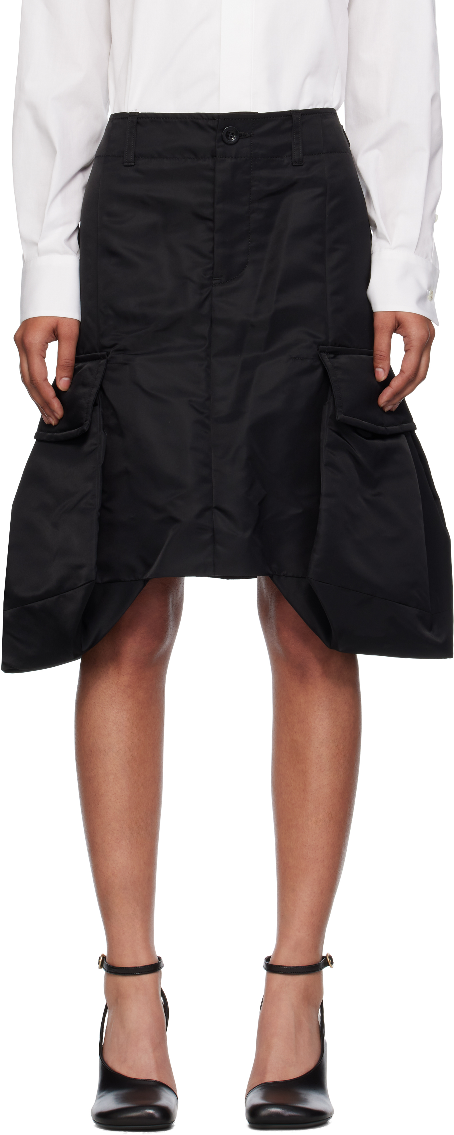 Black Nylon Twill Midi Skirt