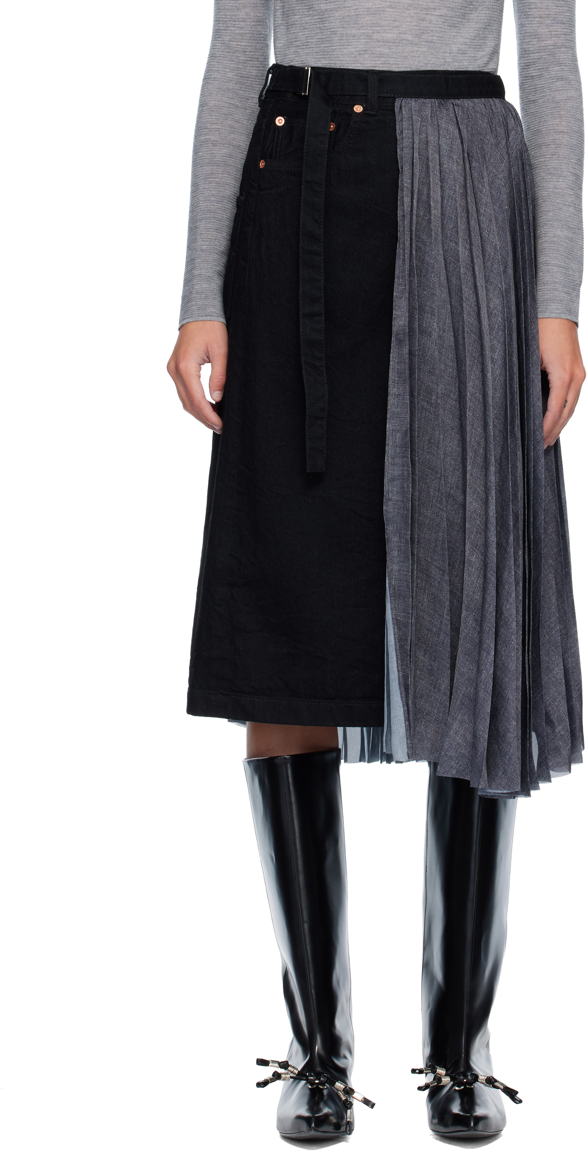 Sacai Black Wrap Denim Midi Skirt In Multi