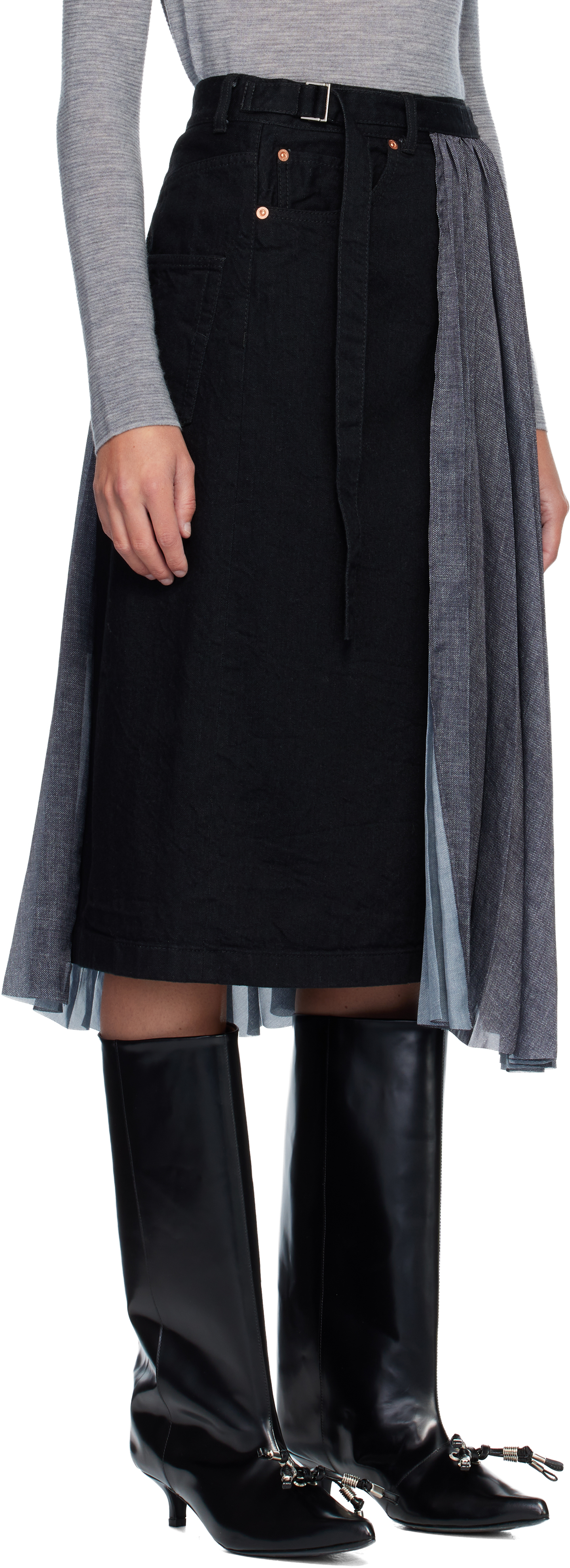 Sacai Black Wrap Denim Midi Skirt In Multi