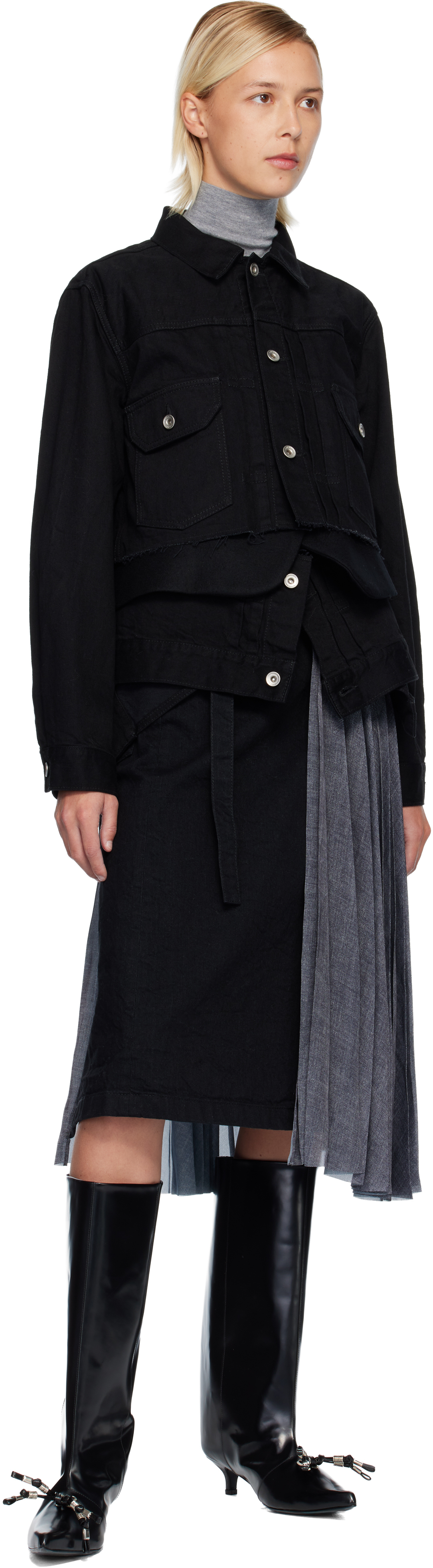 Sacai Black Wrap Denim Midi Skirt In Multi