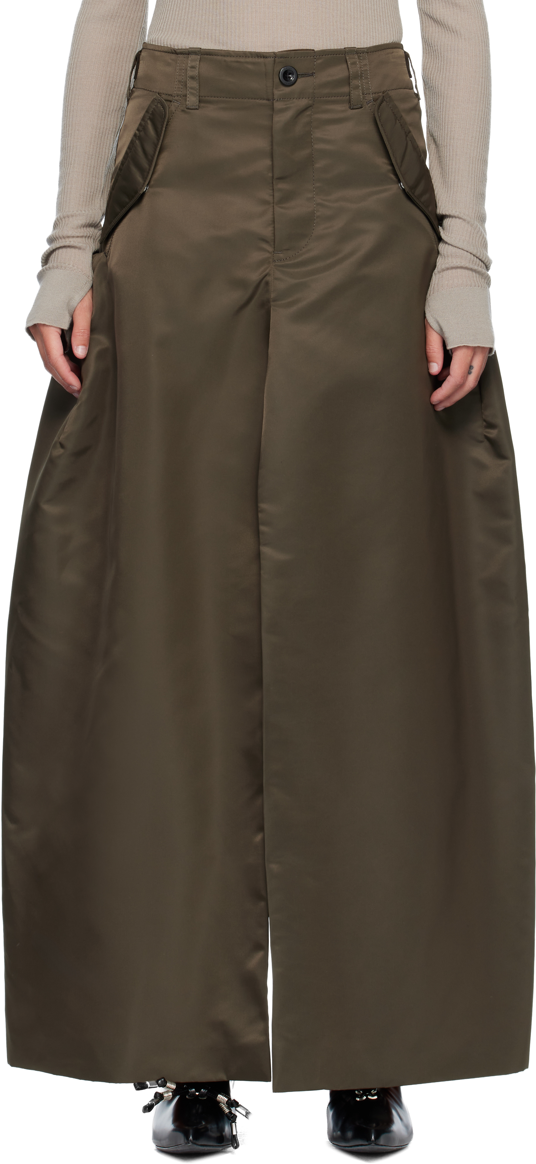 sacai: Khaki Nylon Twill Maxi Skirt | SSENSE
