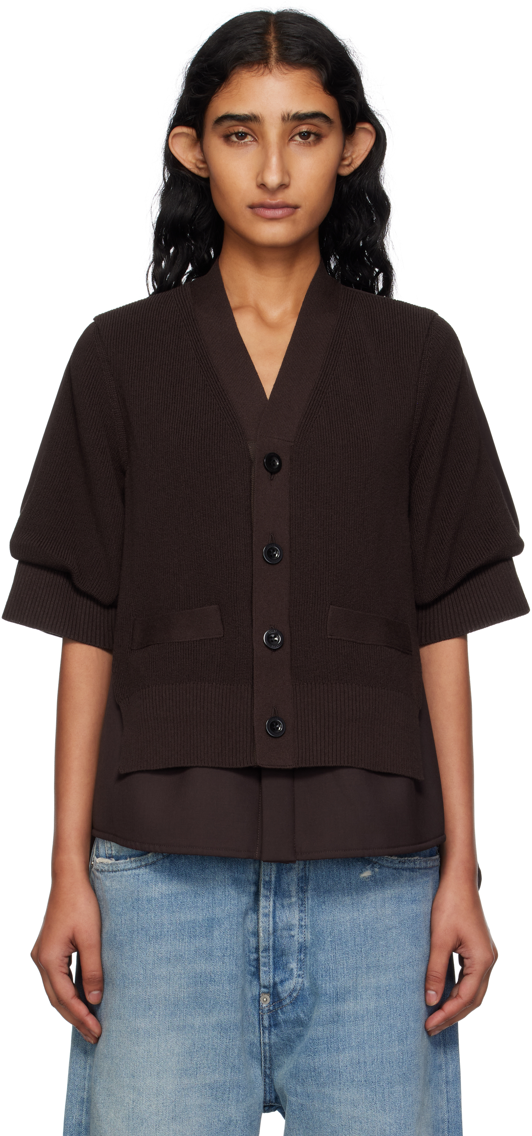 sacai: Brown Suiting Mix Knit Cardigan | SSENSE UK