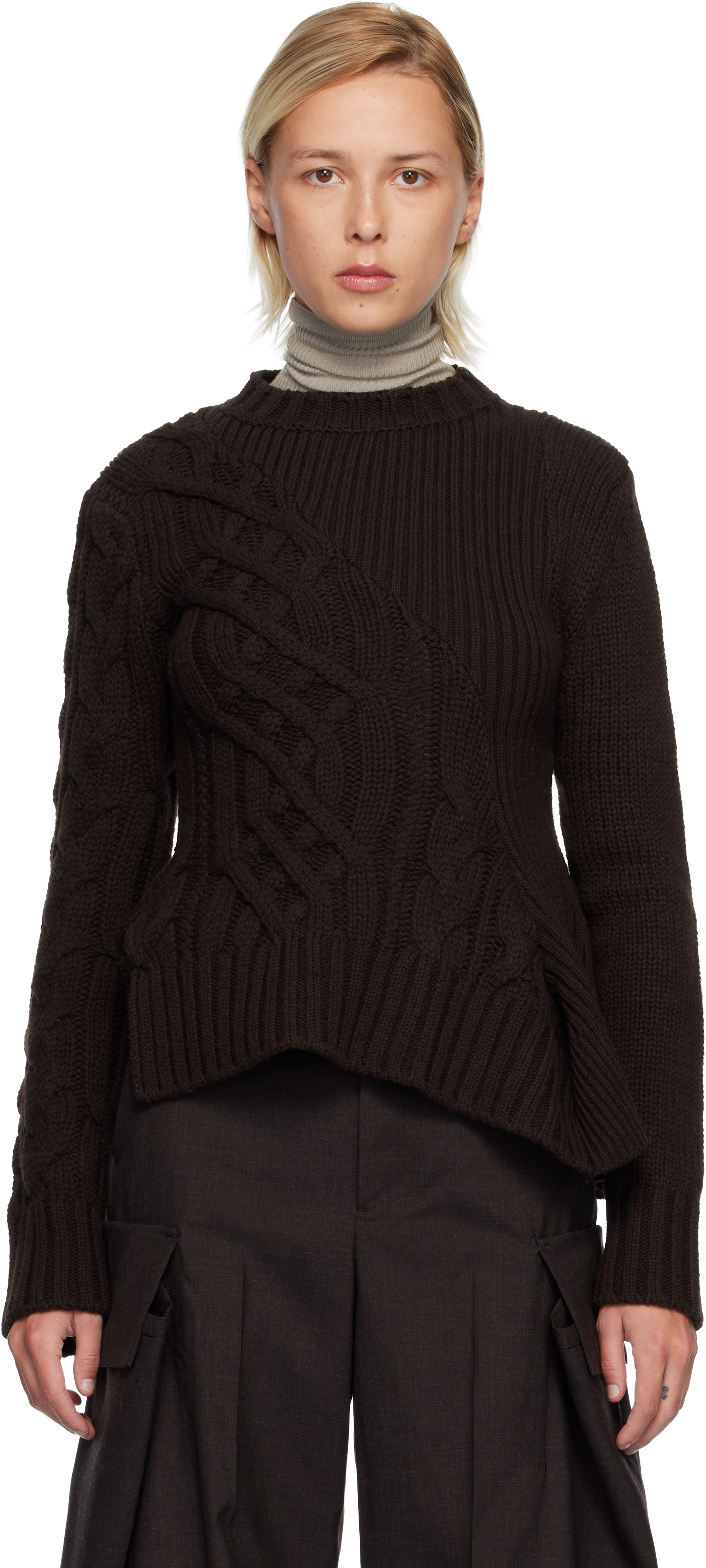 Brown Wool Knit Sweater by sacai on Sale Brown Wool Knit Sweater by sacai on Sale