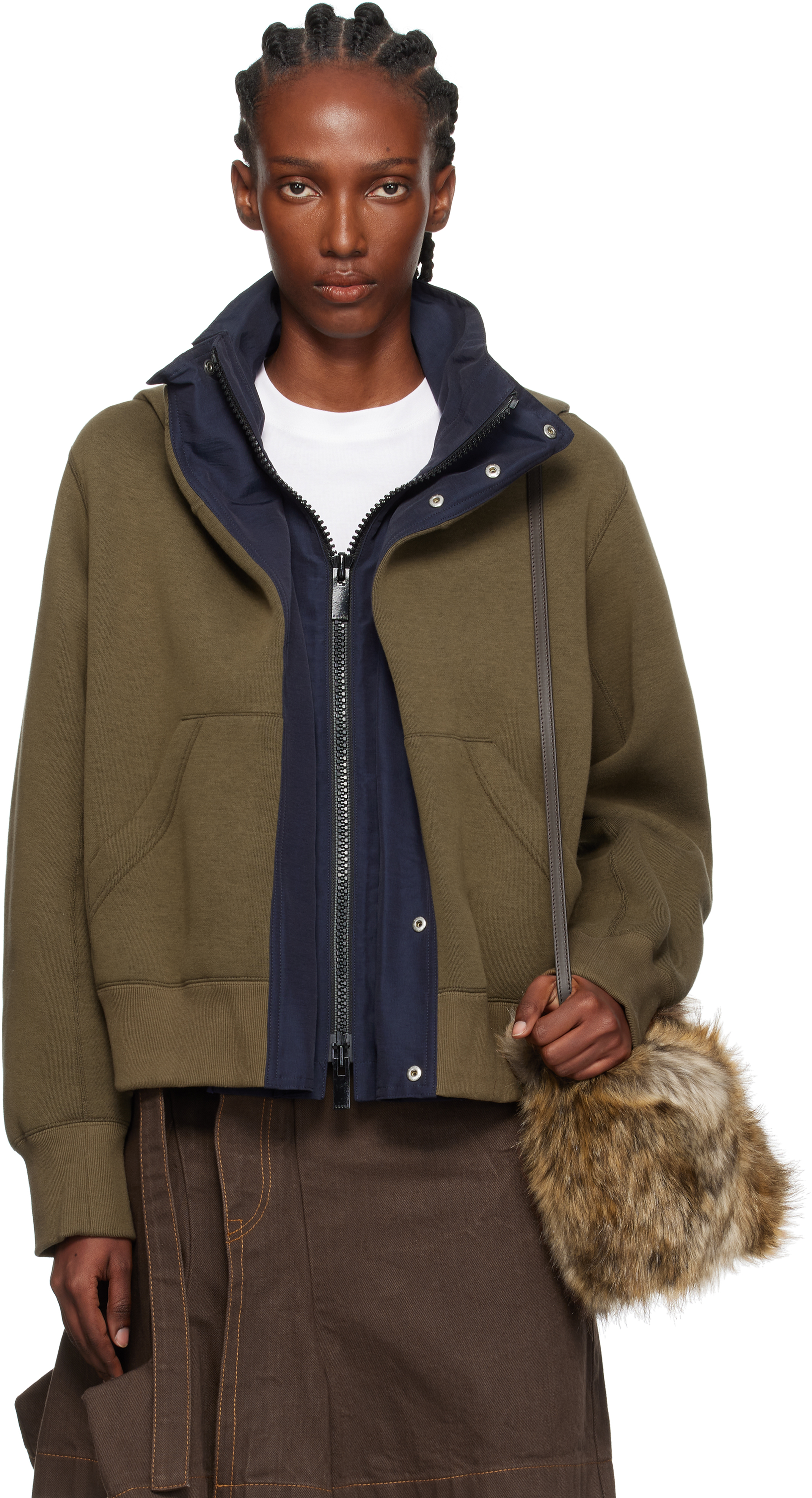 sacai: Khaki & Navy Sponge Sweat x Grosgrain Hoodie | SSENSE