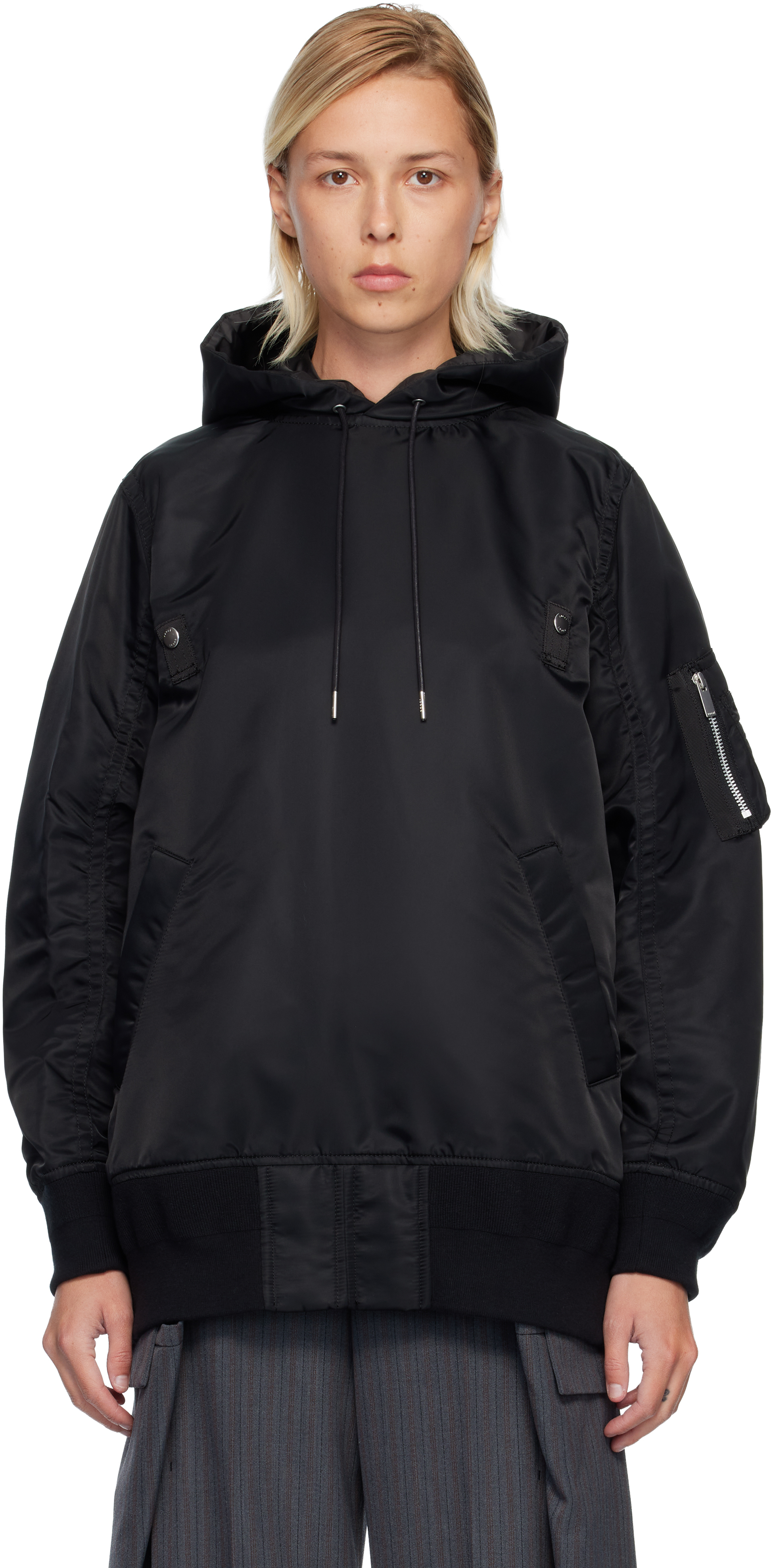 Sacai Black Nylon Twill Hoodie In Black