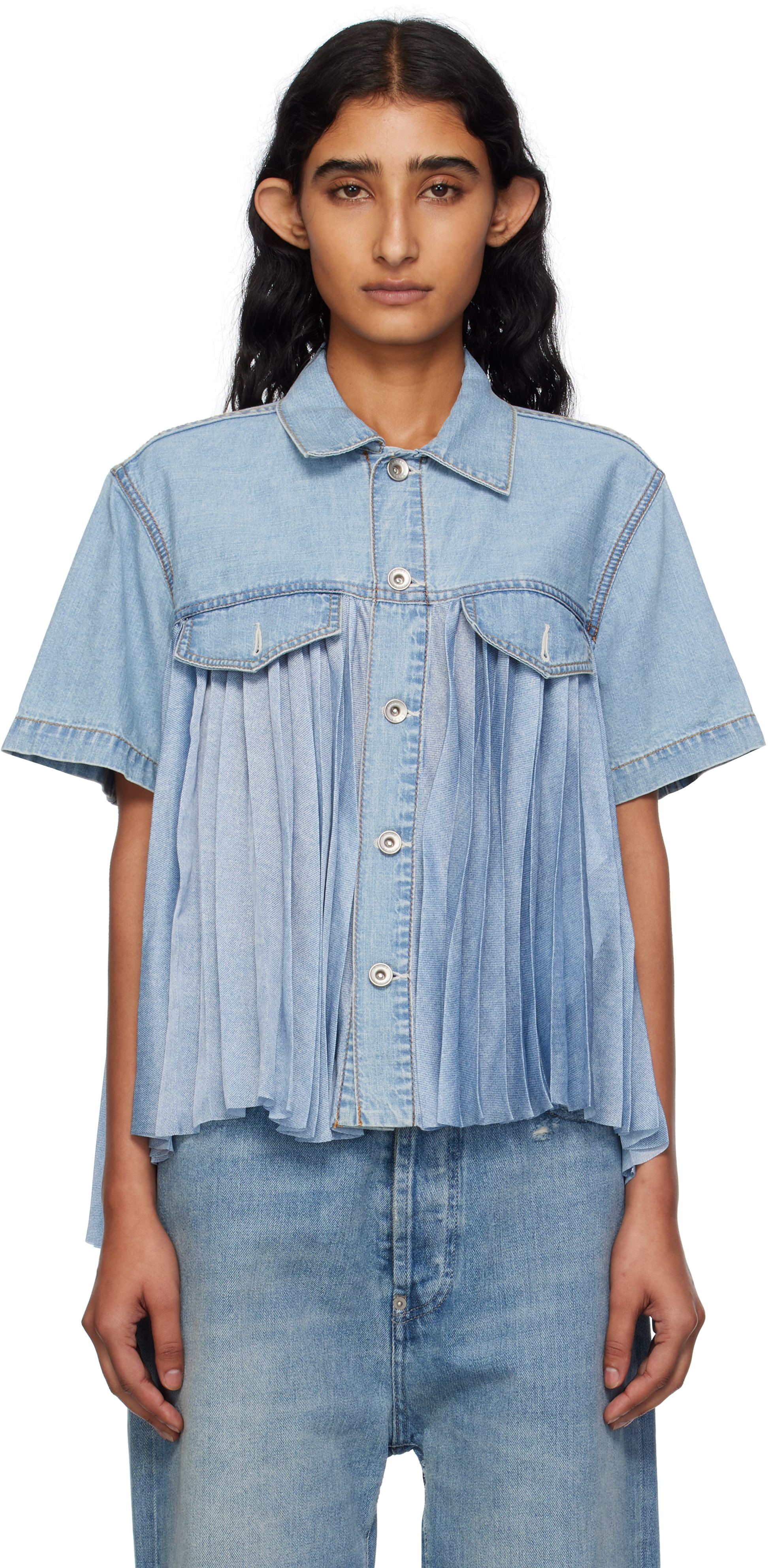 Blue Paneled Denim Shirt