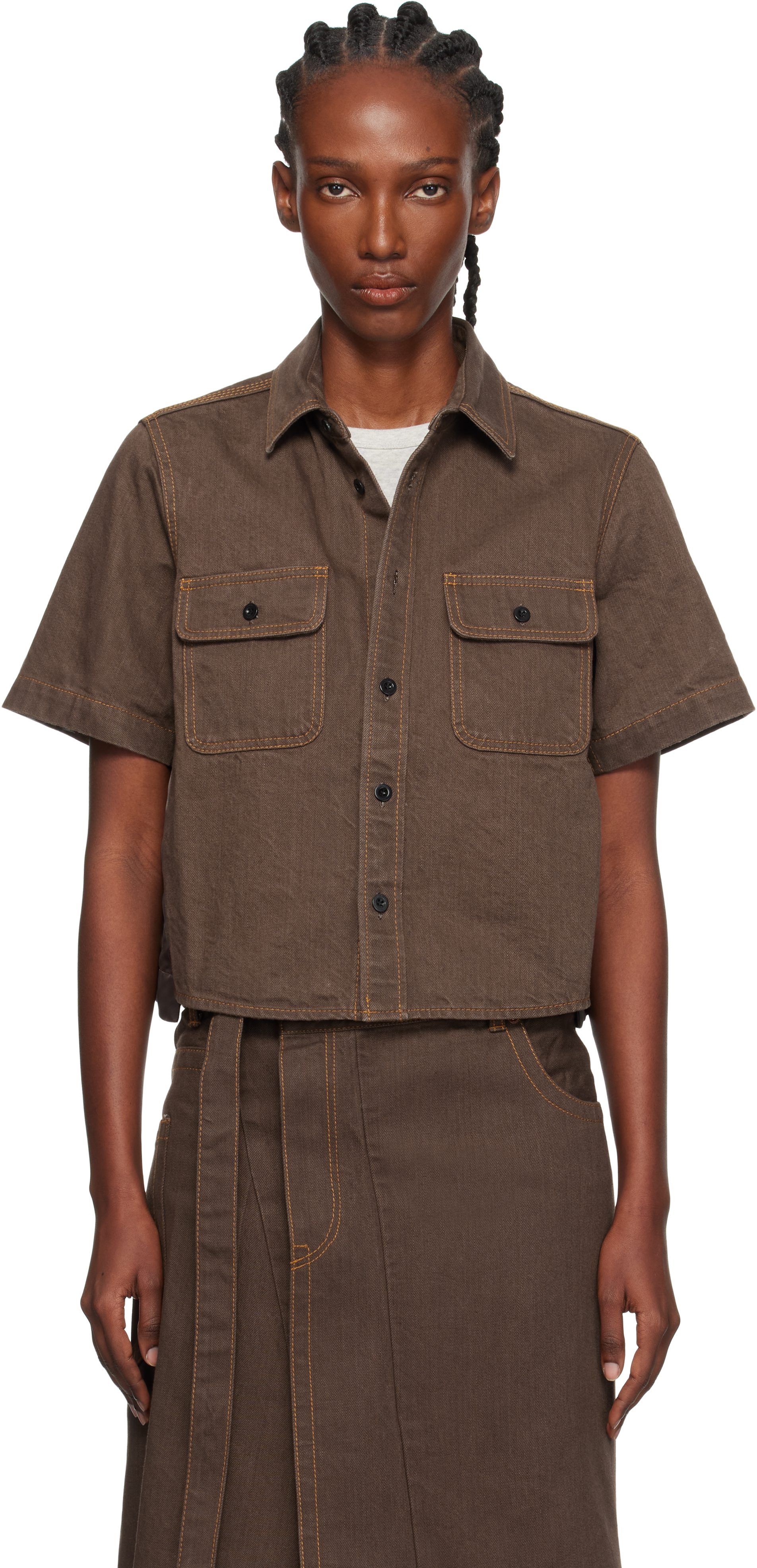 Sacai Brown Paneled Denim Shirt In Brown