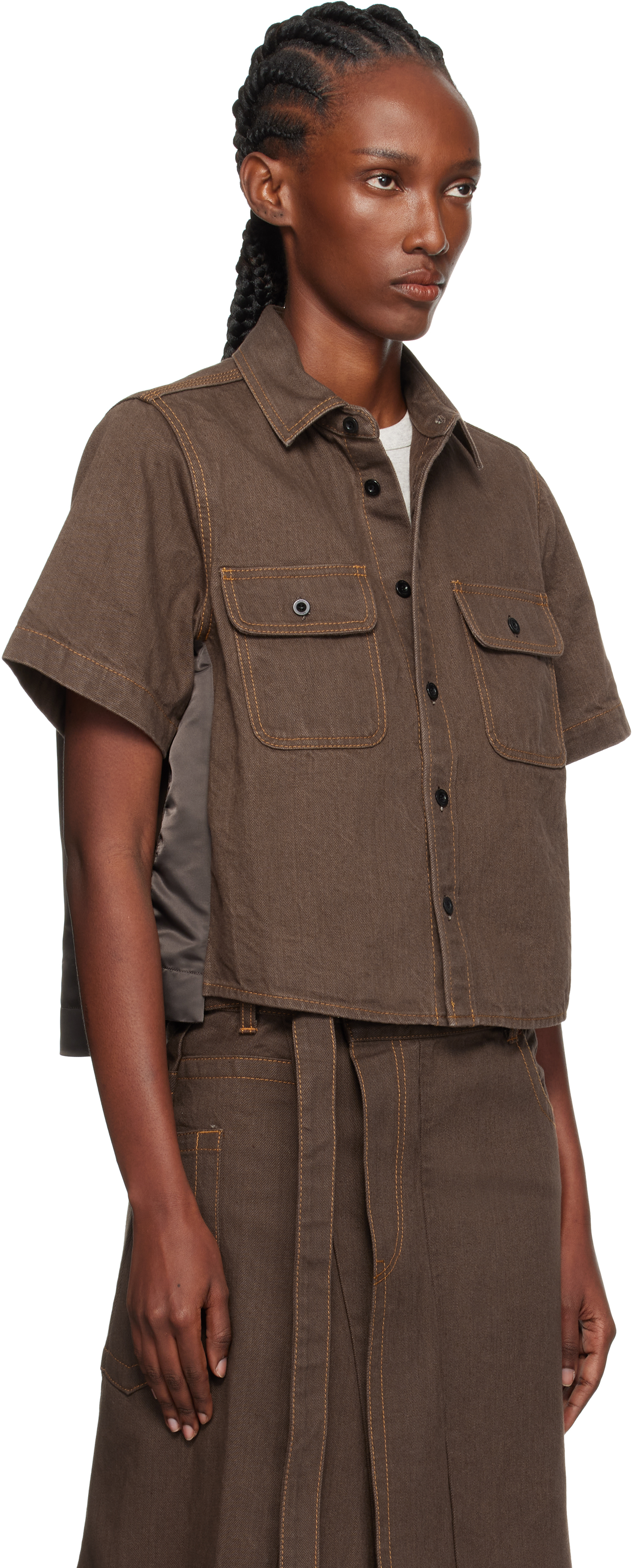 Sacai Brown Paneled Denim Shirt In Brown