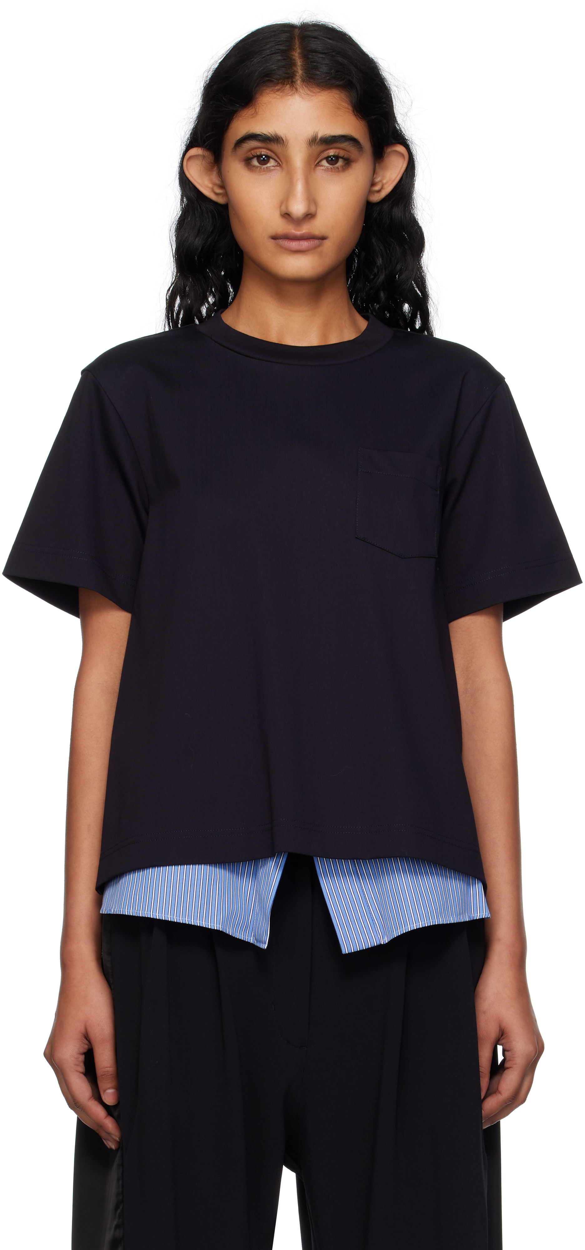 Navy Poplin & Cotton Jersey T-shirt