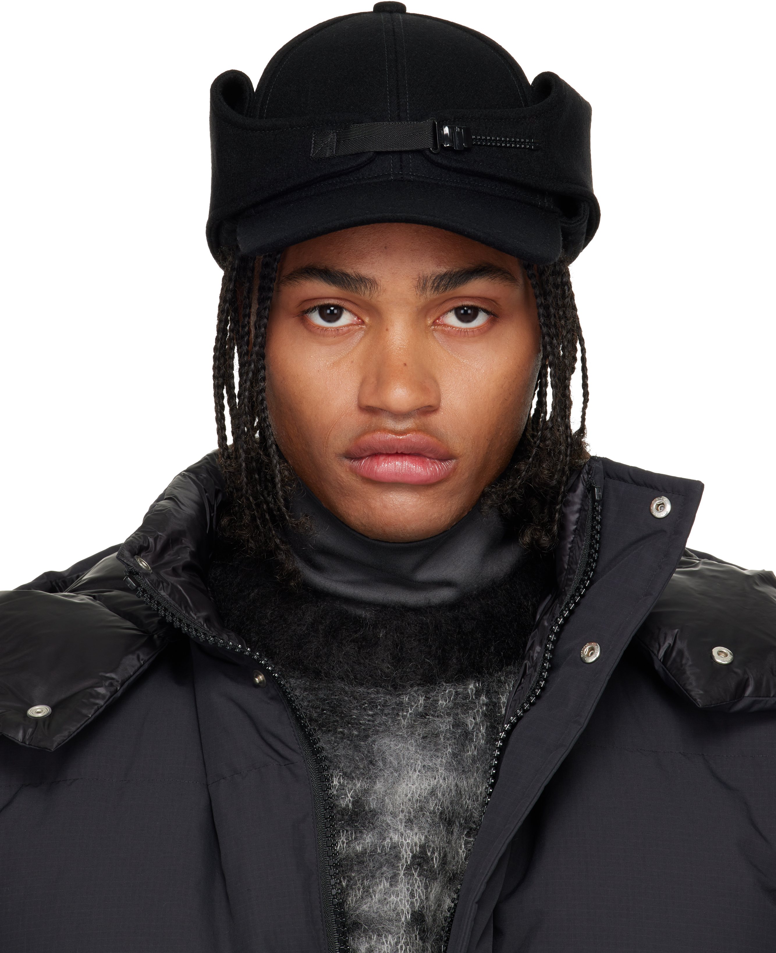 Sacai Black Belt Wool Melton Cap In Black