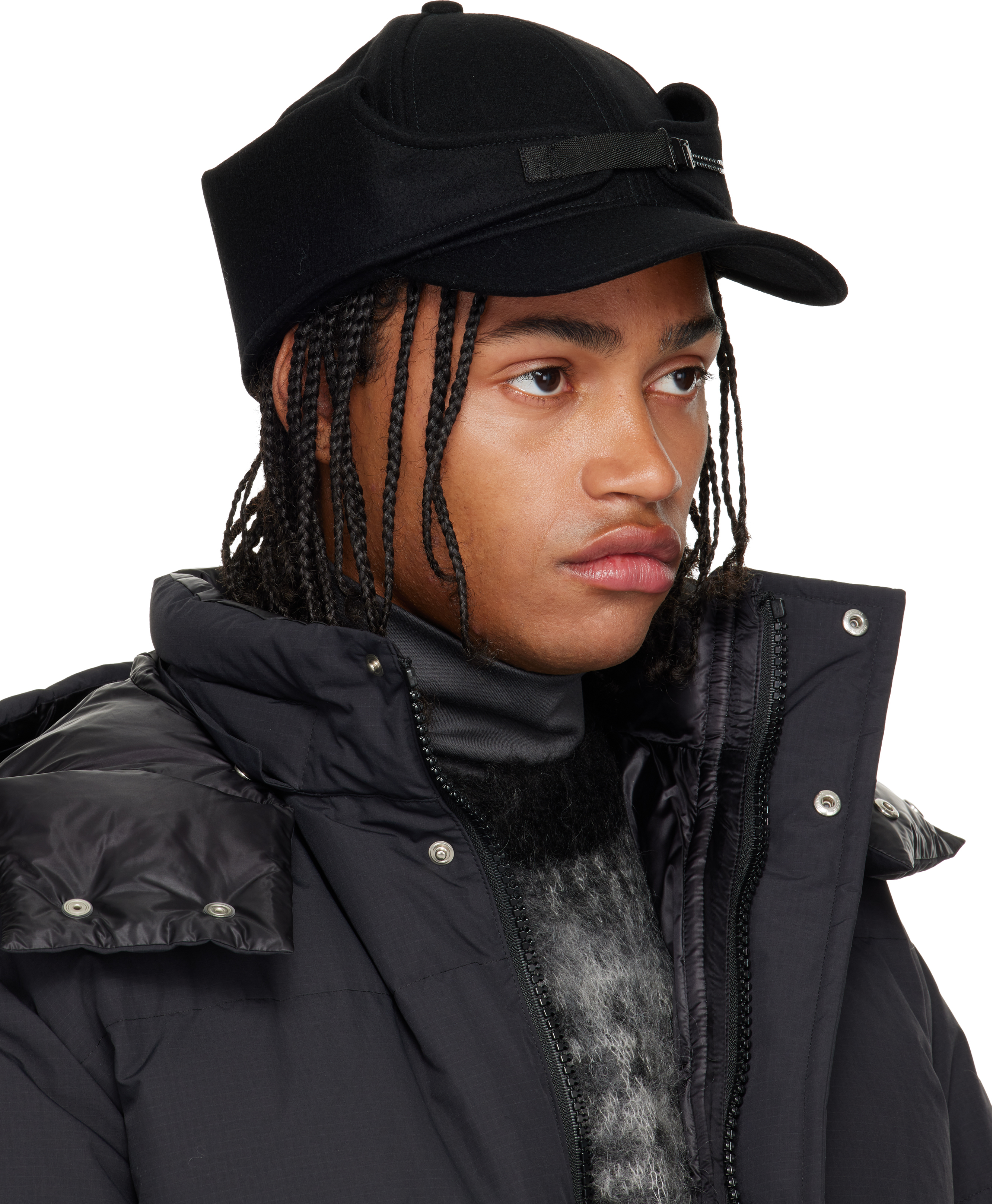 Sacai Black Belt Wool Melton Cap In Black