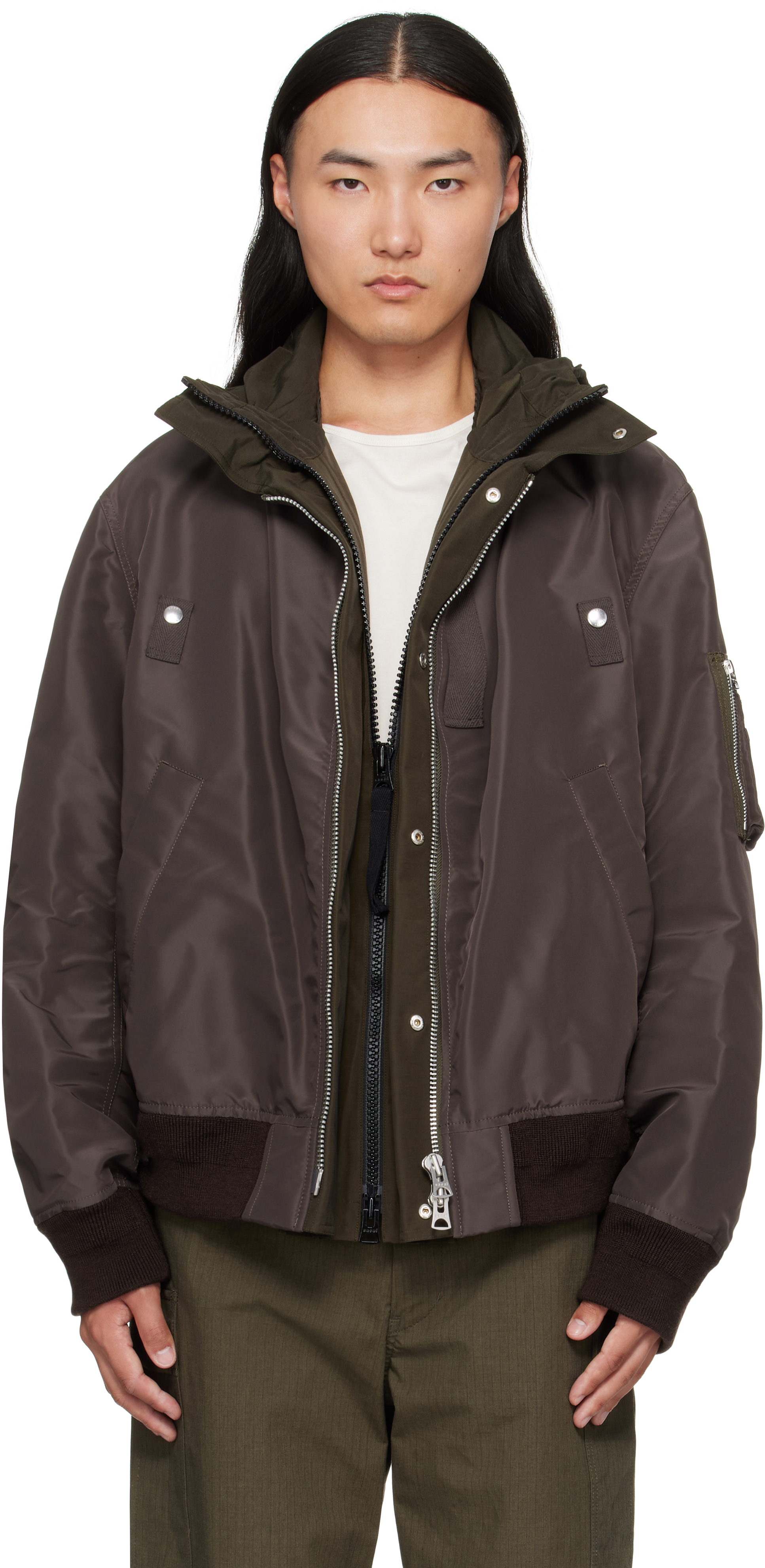 sacai: ブラウン＆カーキ Nylon Twill Grosgrain ボンバー