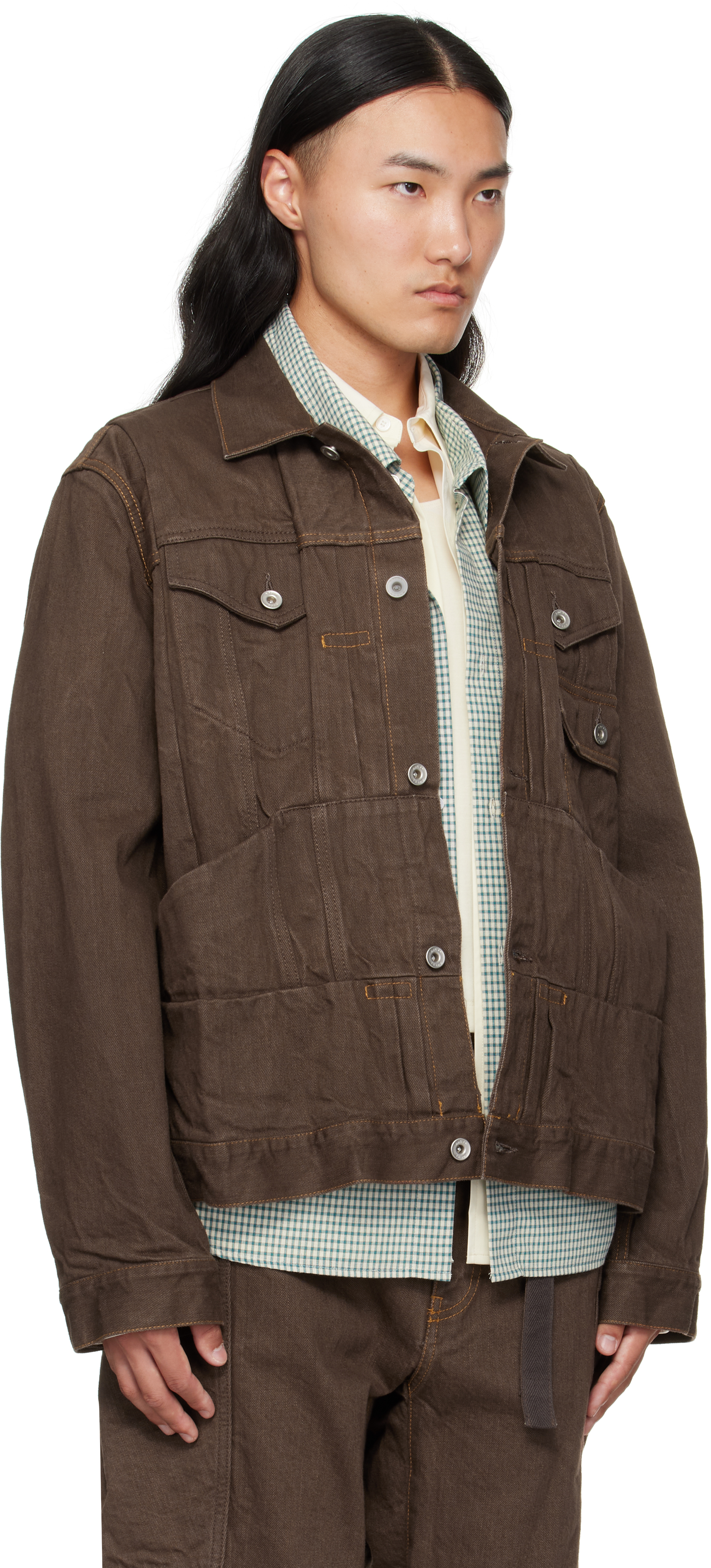 Sacai Long-sleeved Denim Jacket In Brown