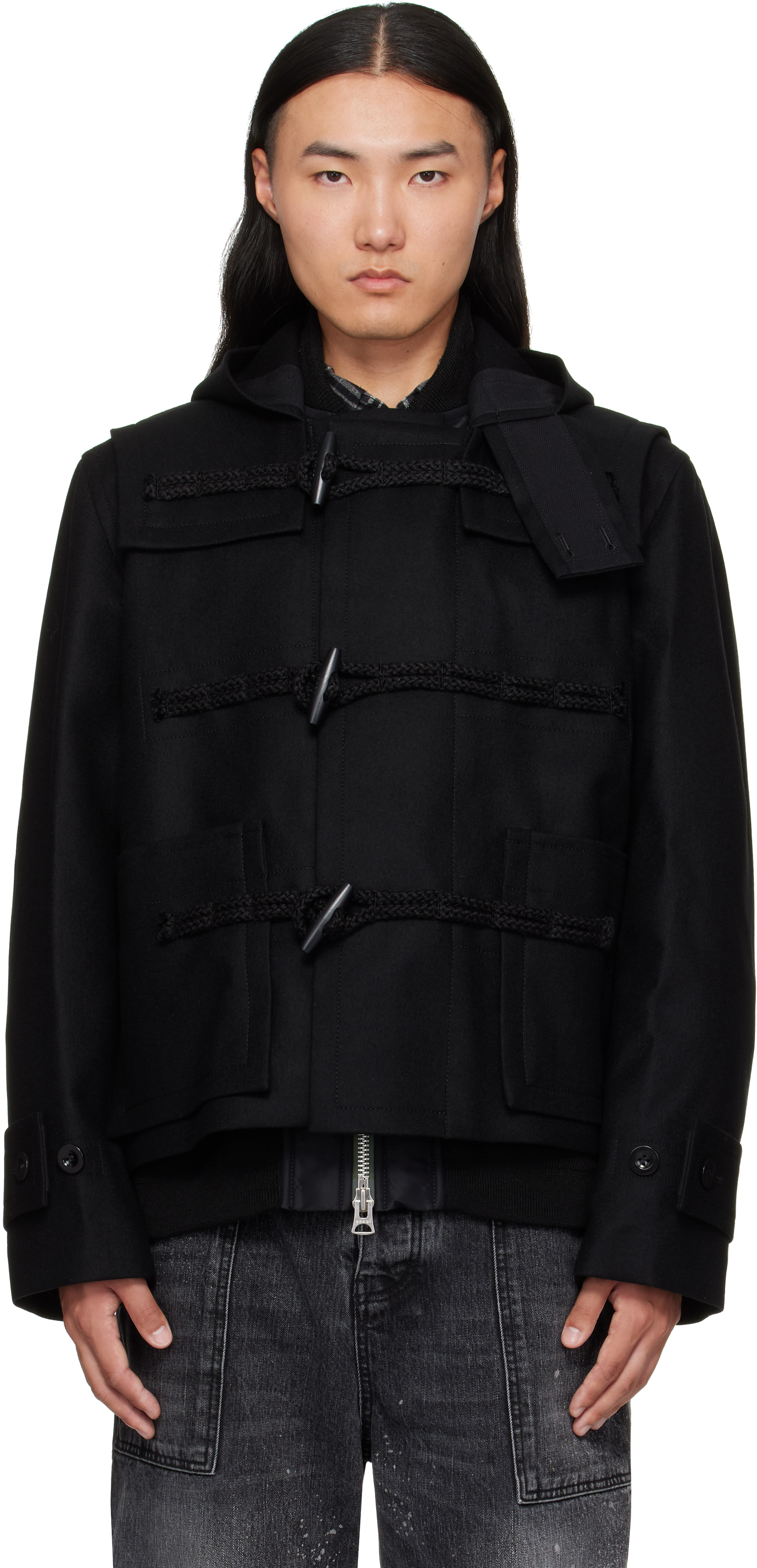 Sacai Hooded Toggle-fastening Jacket In Black