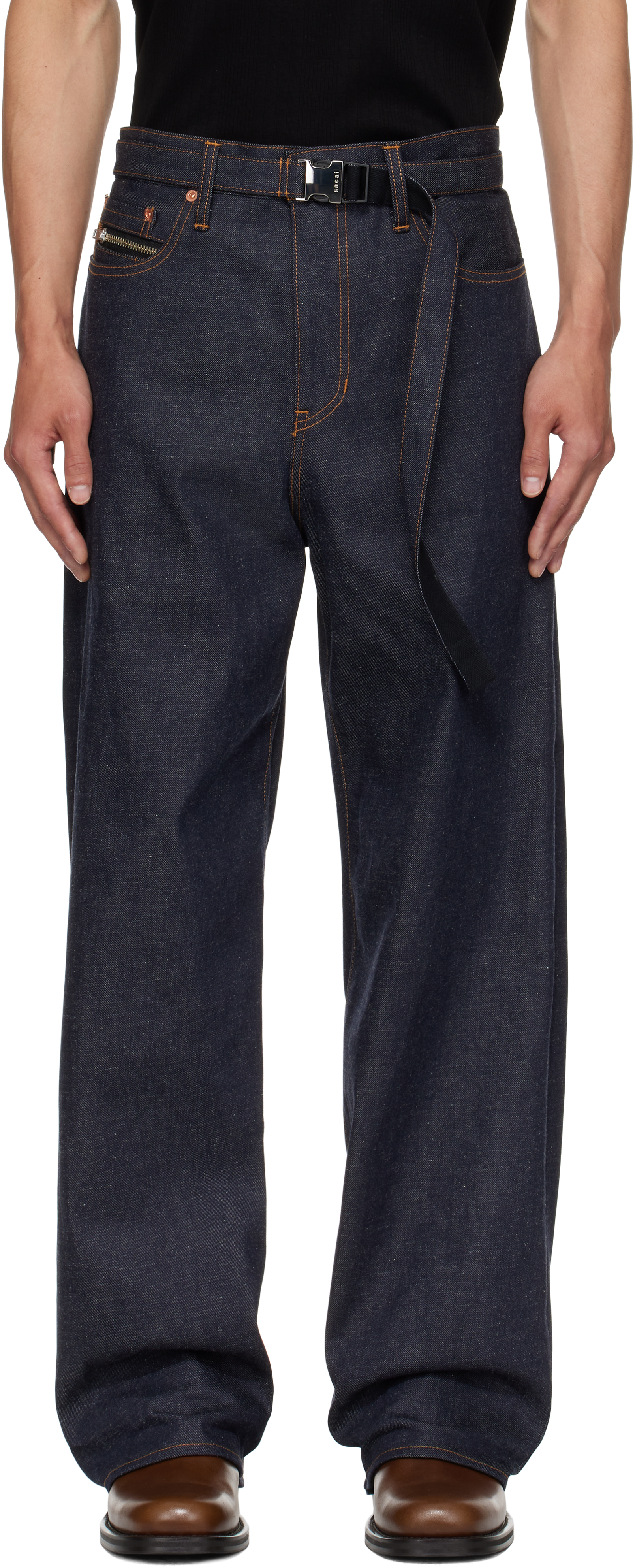 sacai: Navy Belted Jeans | SSENSE