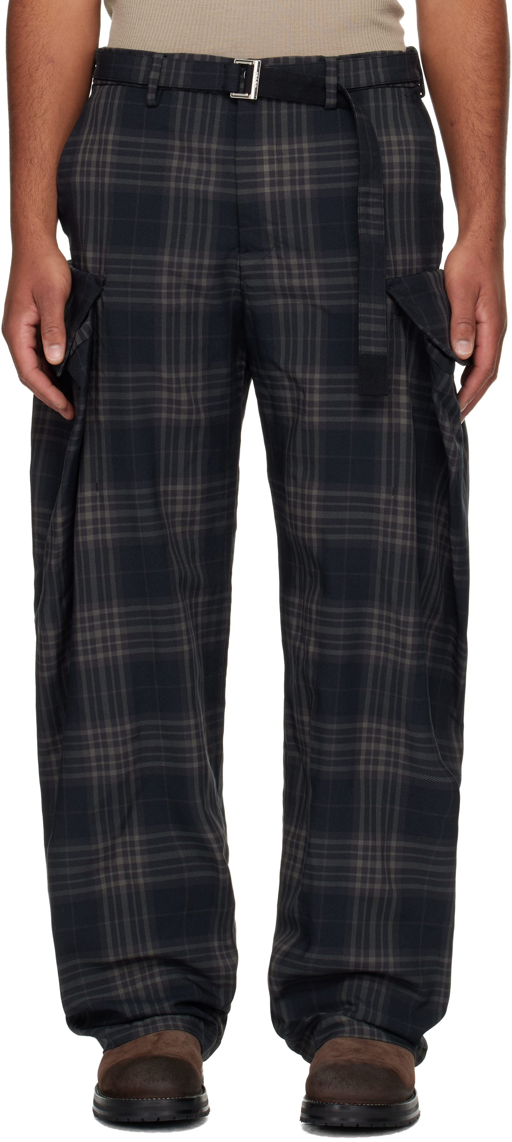 Black Plaid Cargo Pants by sacai on Sale