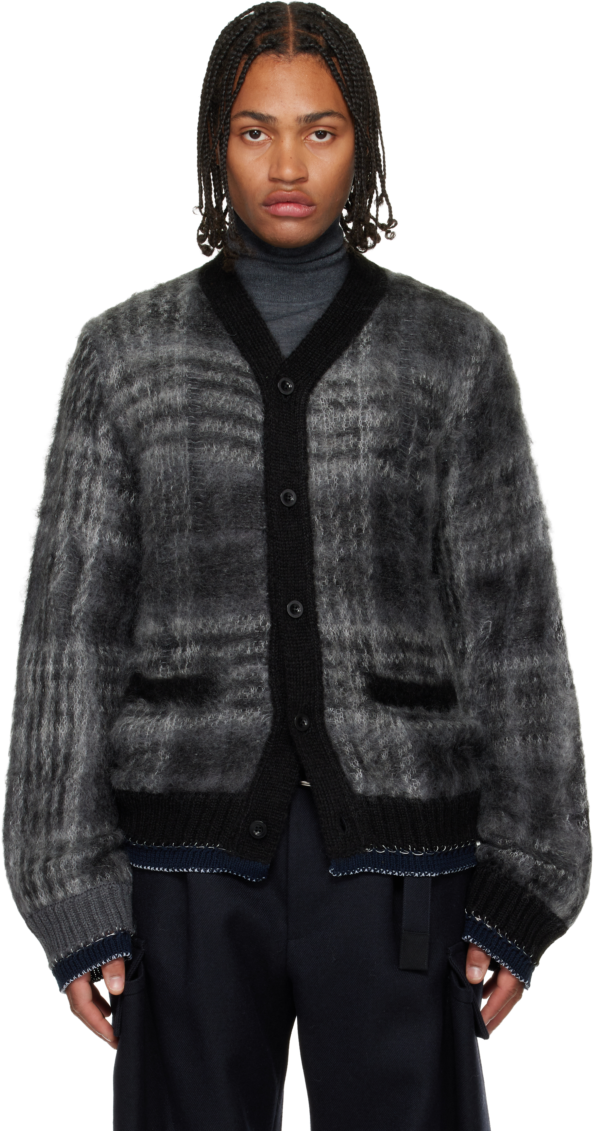 sacai: Gray Plaid Mohair Knit Cardigan | SSENSE