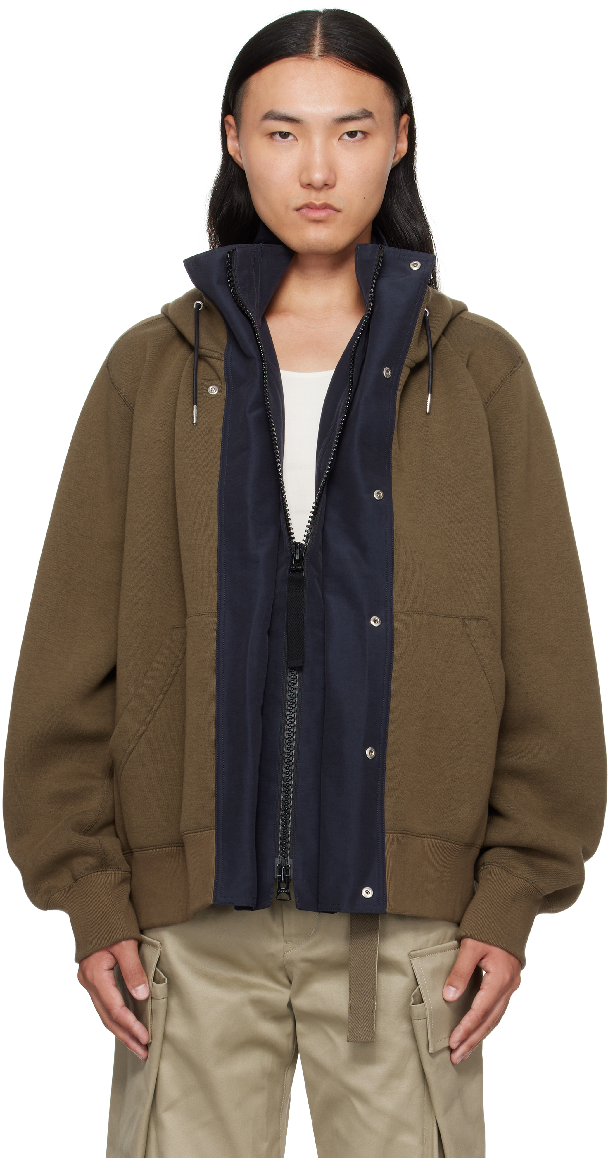 【sacai】Sponge Sweat フーディ ネイビー/カーキ sacai: カーキ&ネイビー Sponge Sweat & Grosgrain フーディ