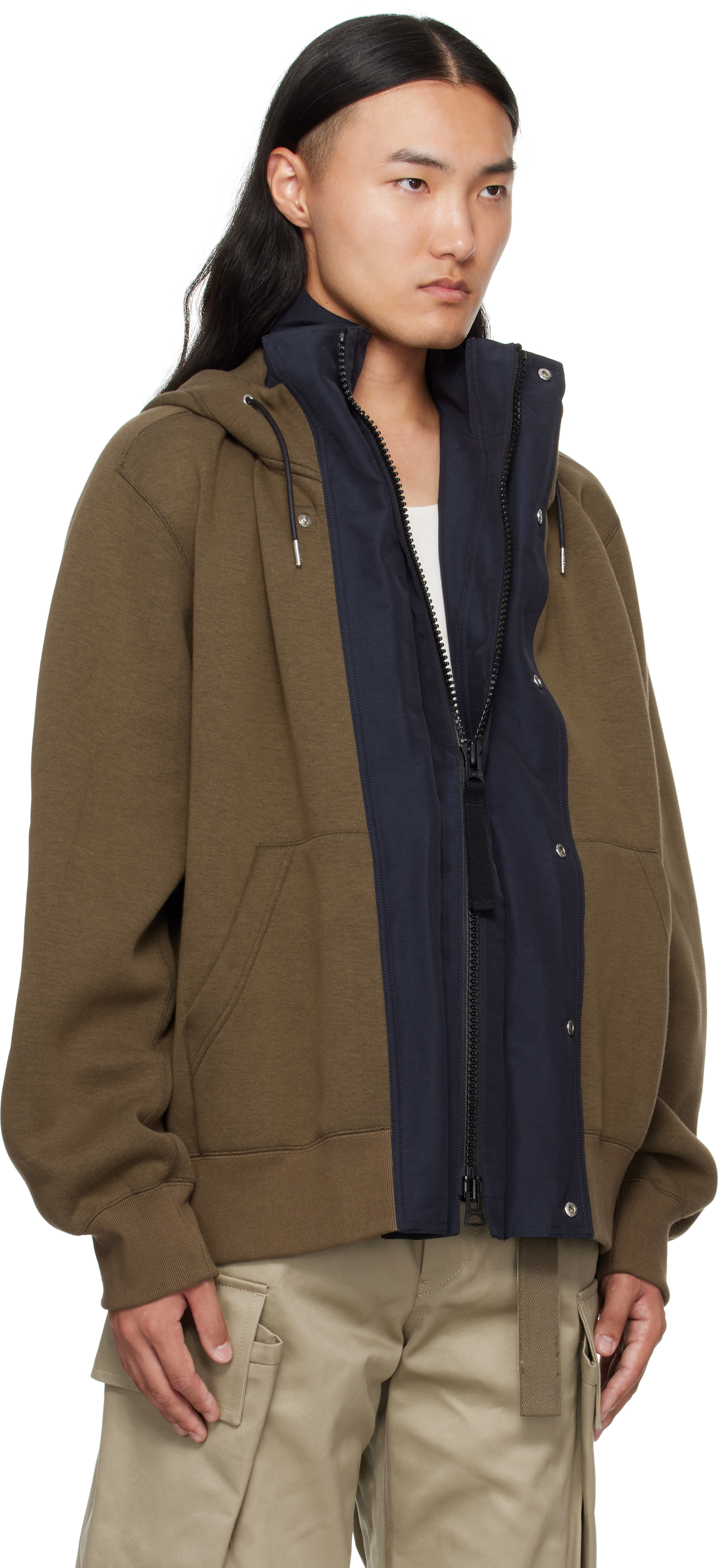 Sacai Khaki & Navy Sponge Sweat & Grosgrain Hoodie In Green