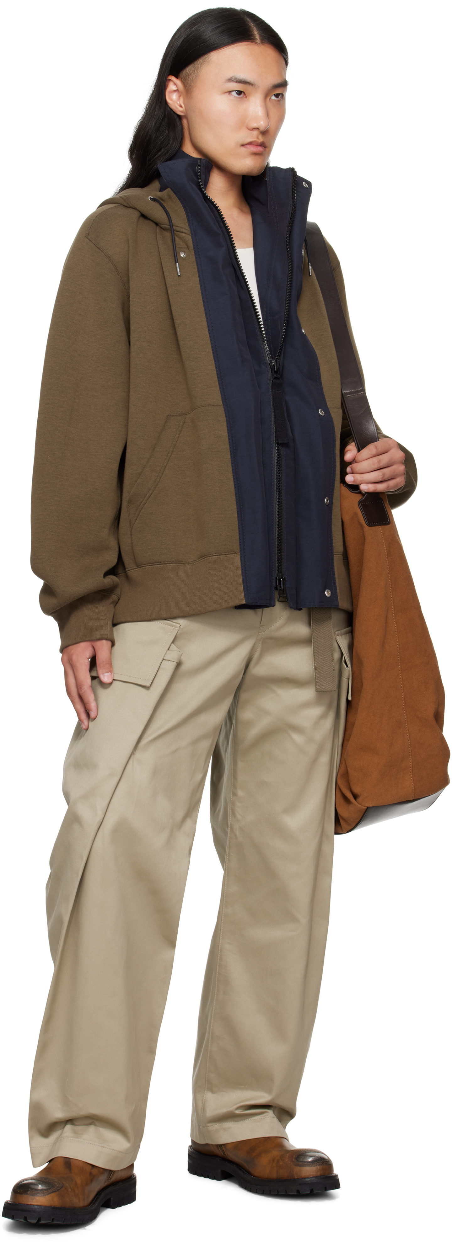 Sacai Khaki & Navy Sponge Sweat & Grosgrain Hoodie In Green