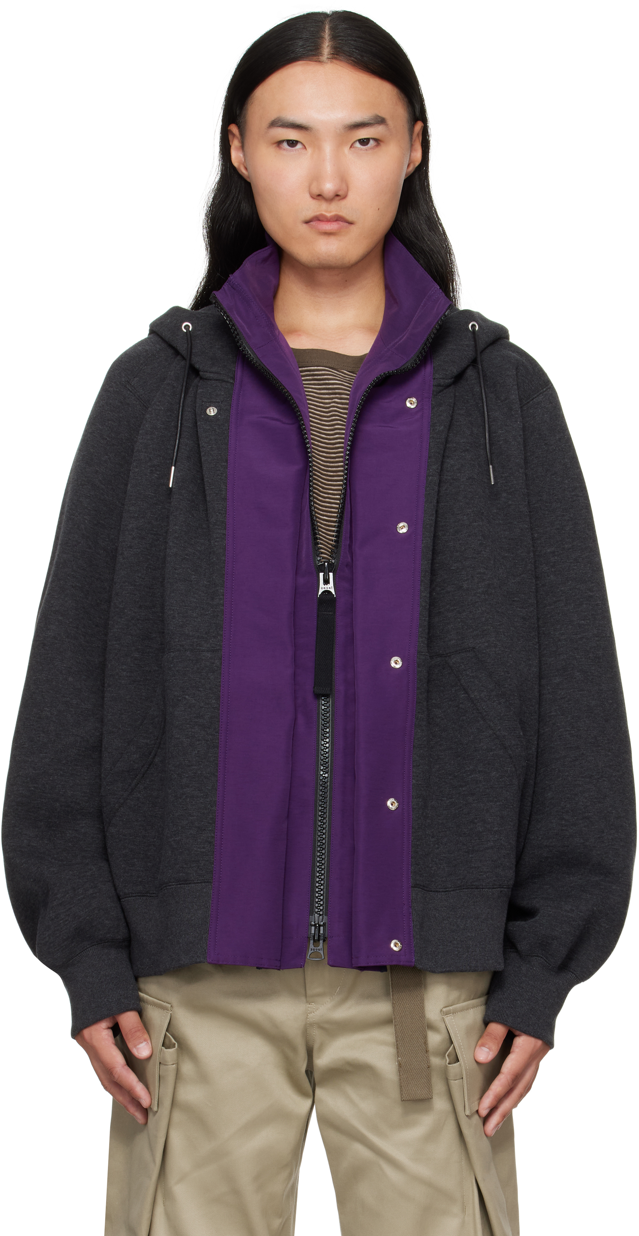 Sacai Sponge Sweat X Grosgrain Hoodie In Black