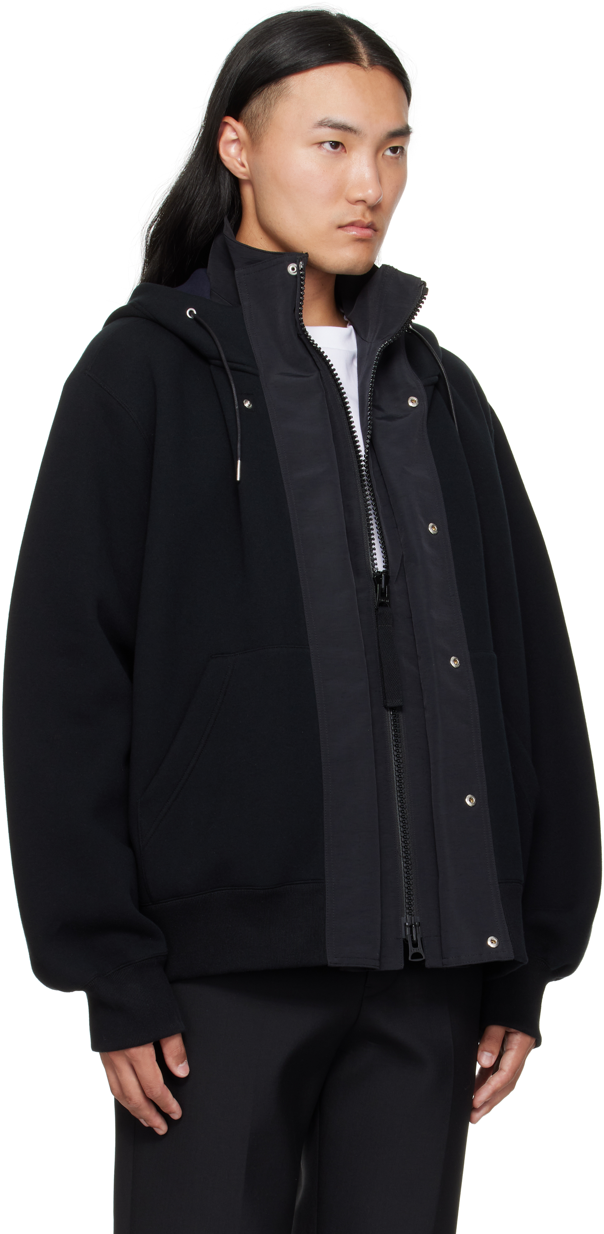 Sacai Mens Black Sponge Relaxed Cotton-nylon Blend Hoody In Blue