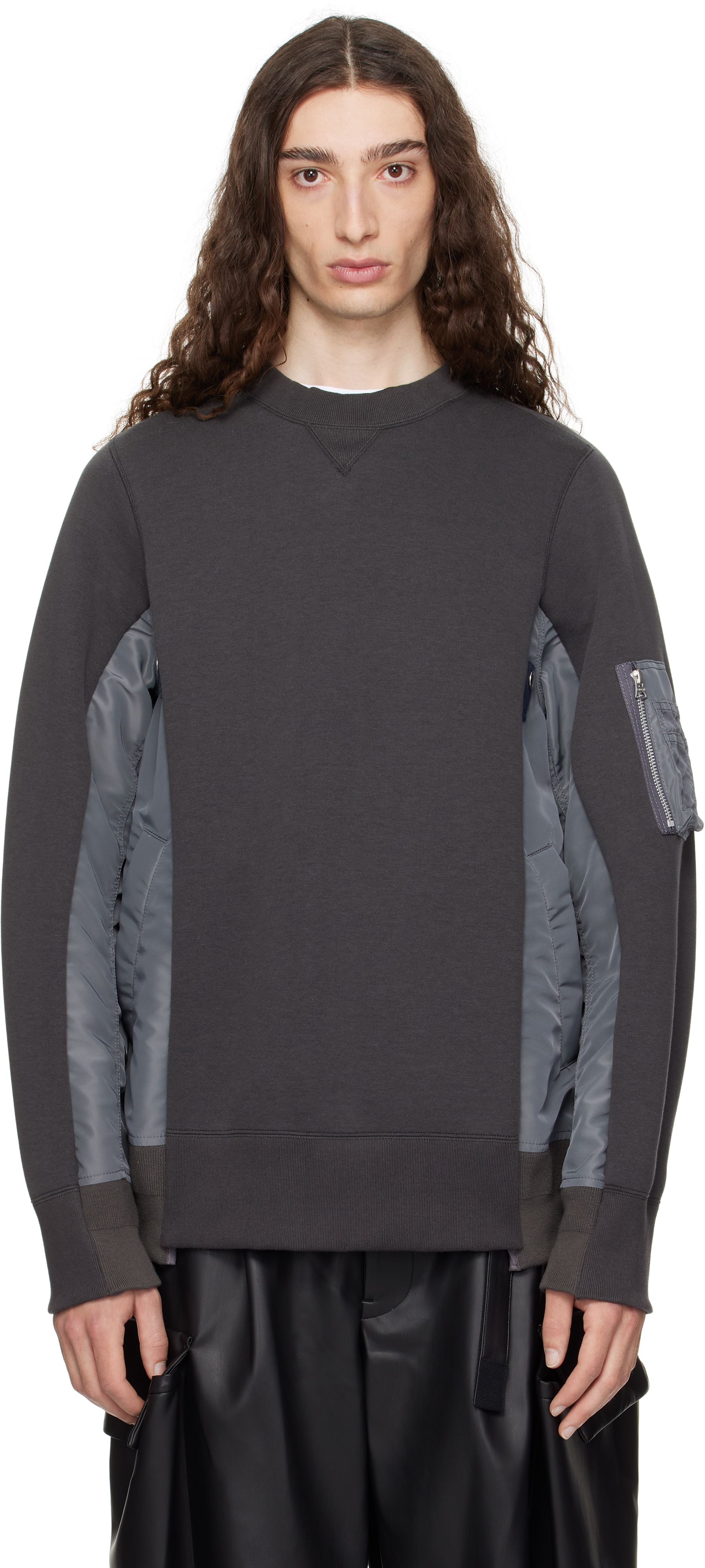 sacai: Gray Sponge Sweat & Nylon Twill Sweatshirt | SSENSE