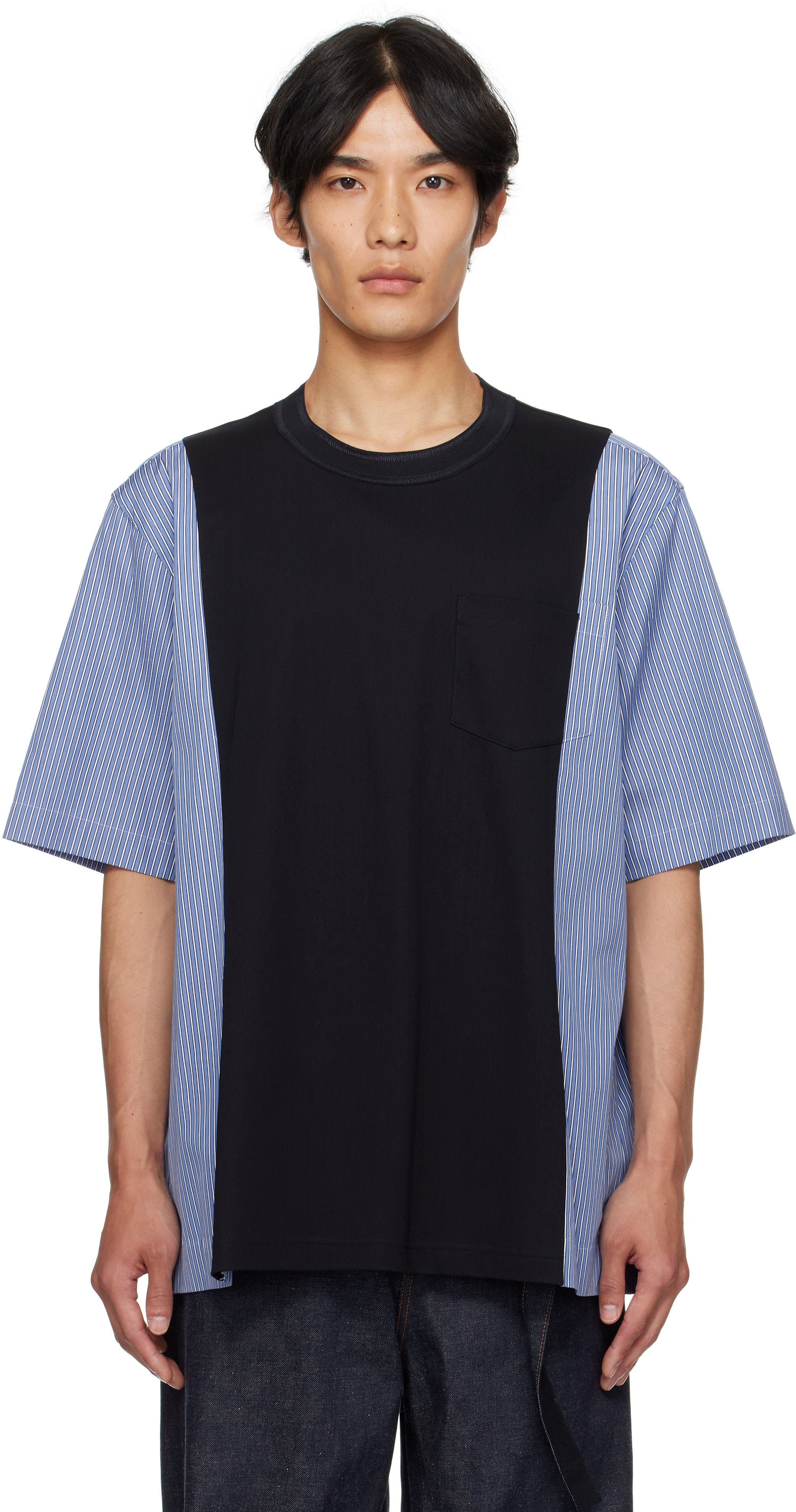 sacai: ネイビー ポプリン＆コットンジャージ Tシャツ | SSENSE 日本