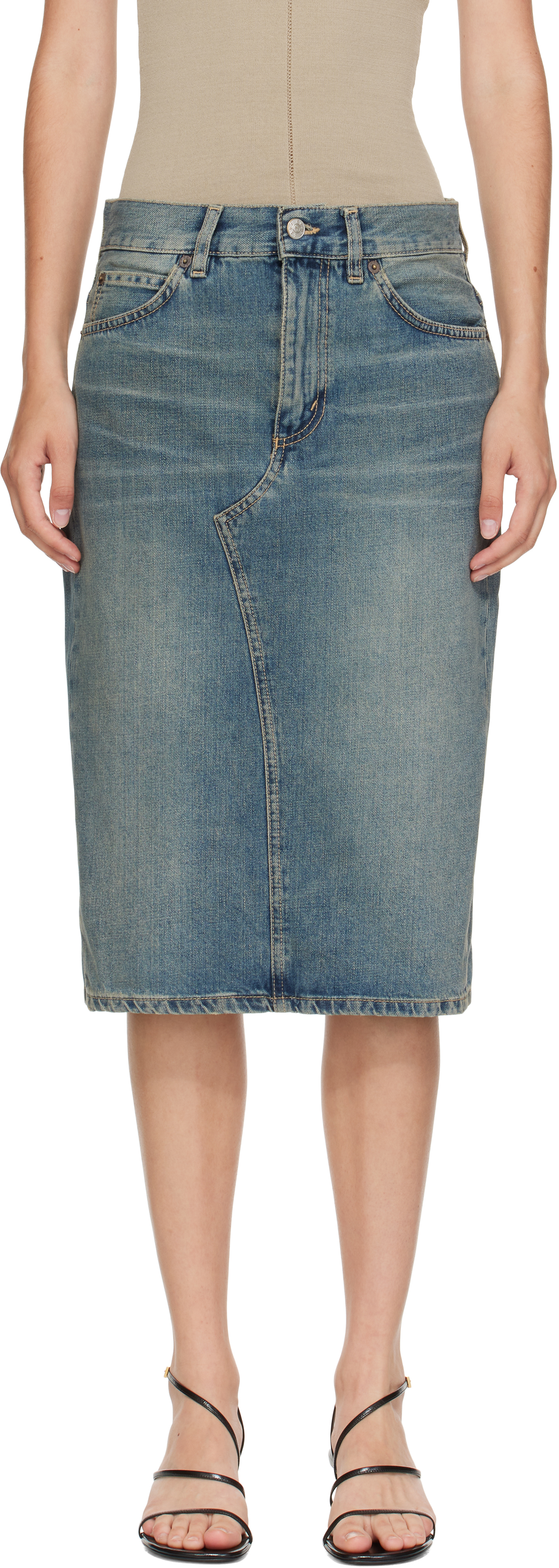 Blue Faded Denim Midi Skirt