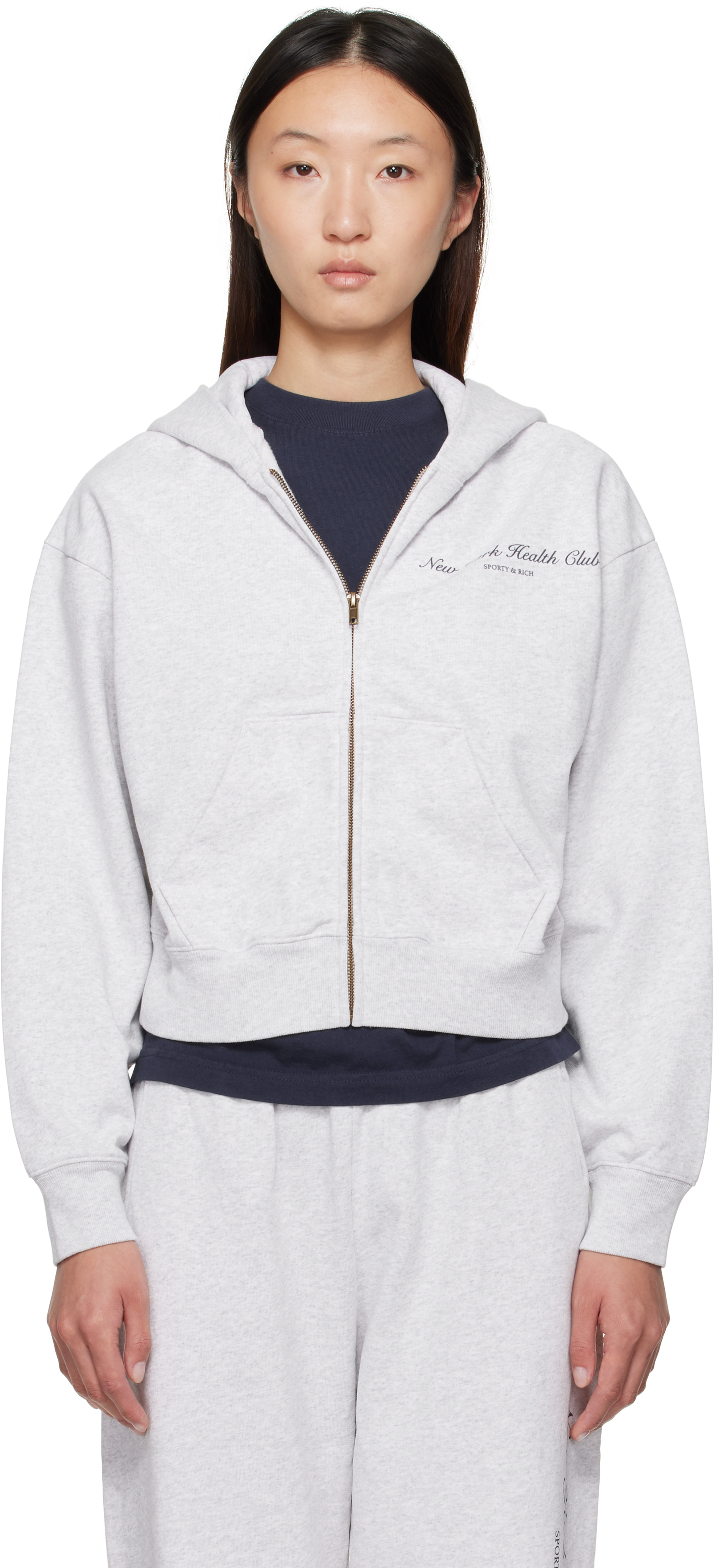 Gray 'NY Health Club' Cropped Zip Sports Hoodie