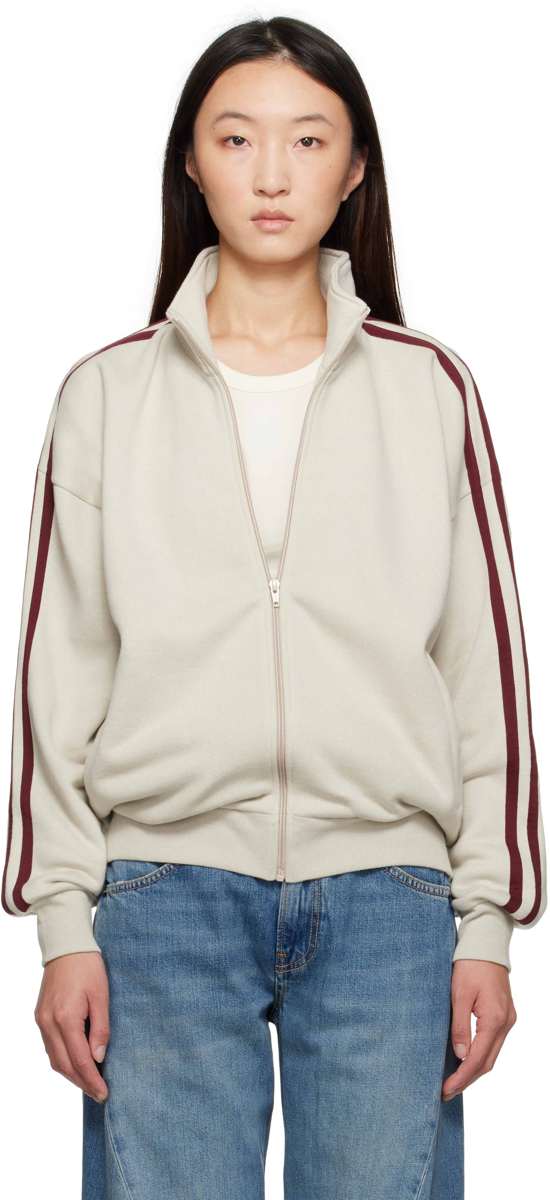 6397 Beige & Burgundy Fleecy Track Zip Up Sweatshirt In Gray
