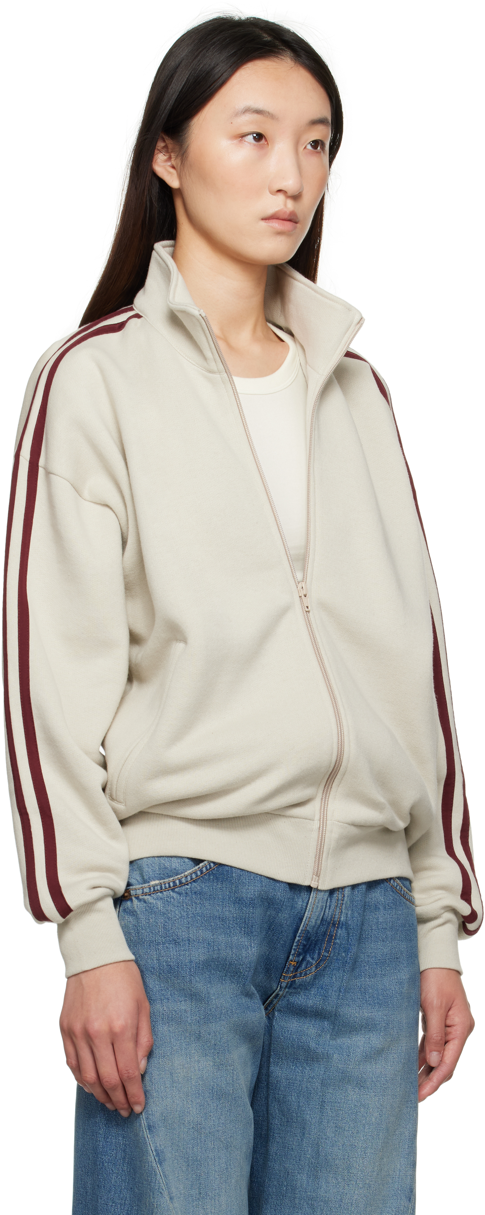 6397 Beige & Burgundy Fleecy Track Zip Up Sweatshirt In Gray