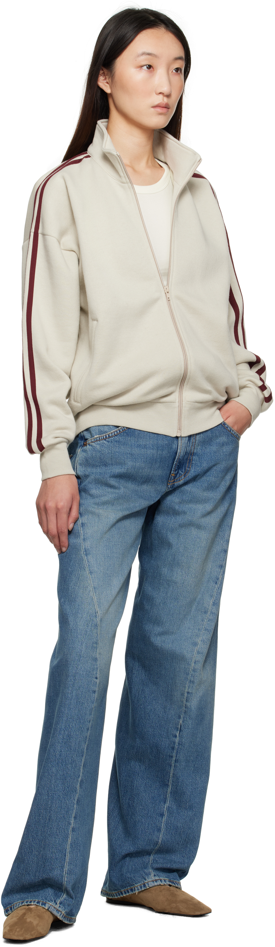6397 Beige & Burgundy Fleecy Track Zip Up Sweatshirt In Gray
